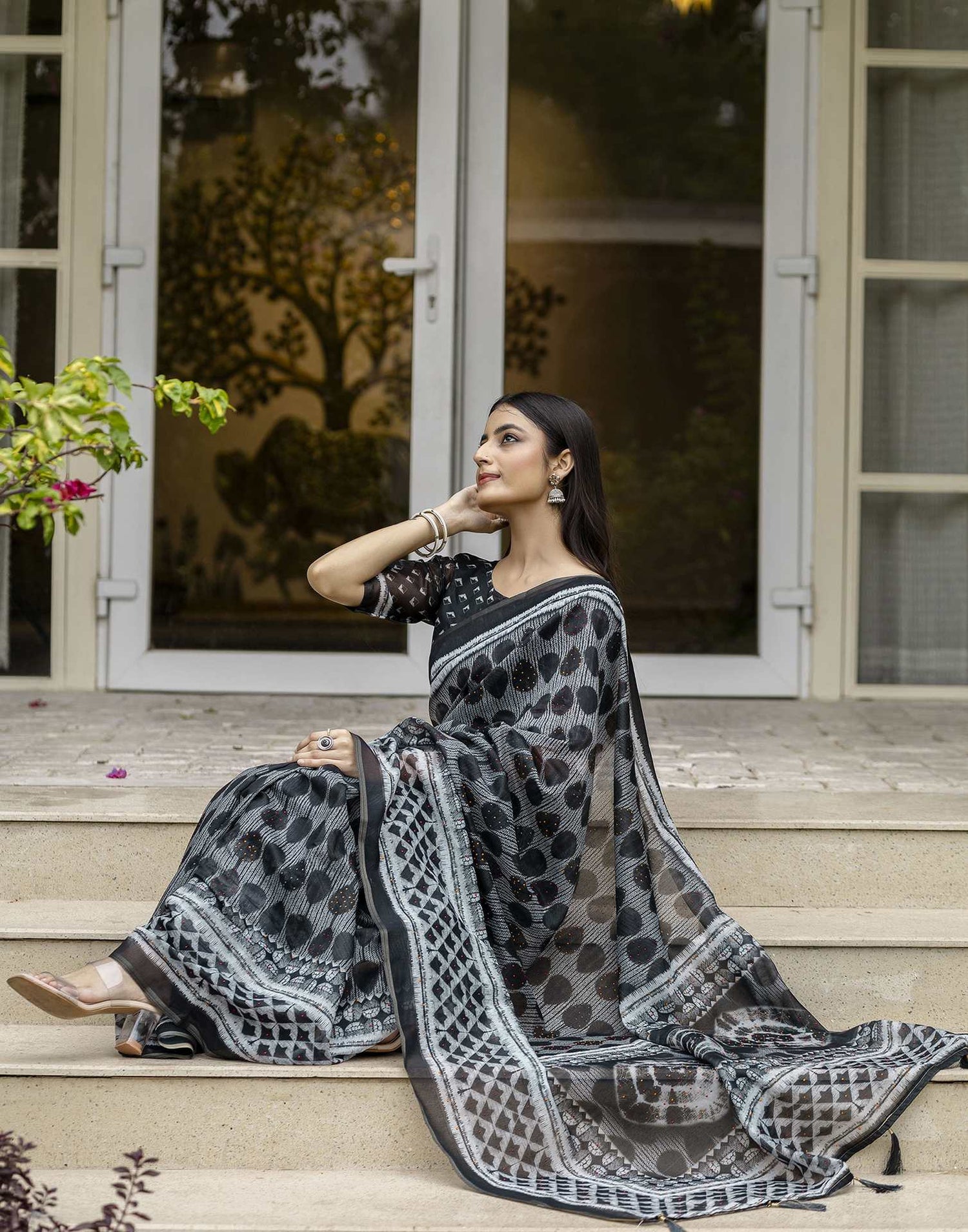 Black Chanderi Printed Saree