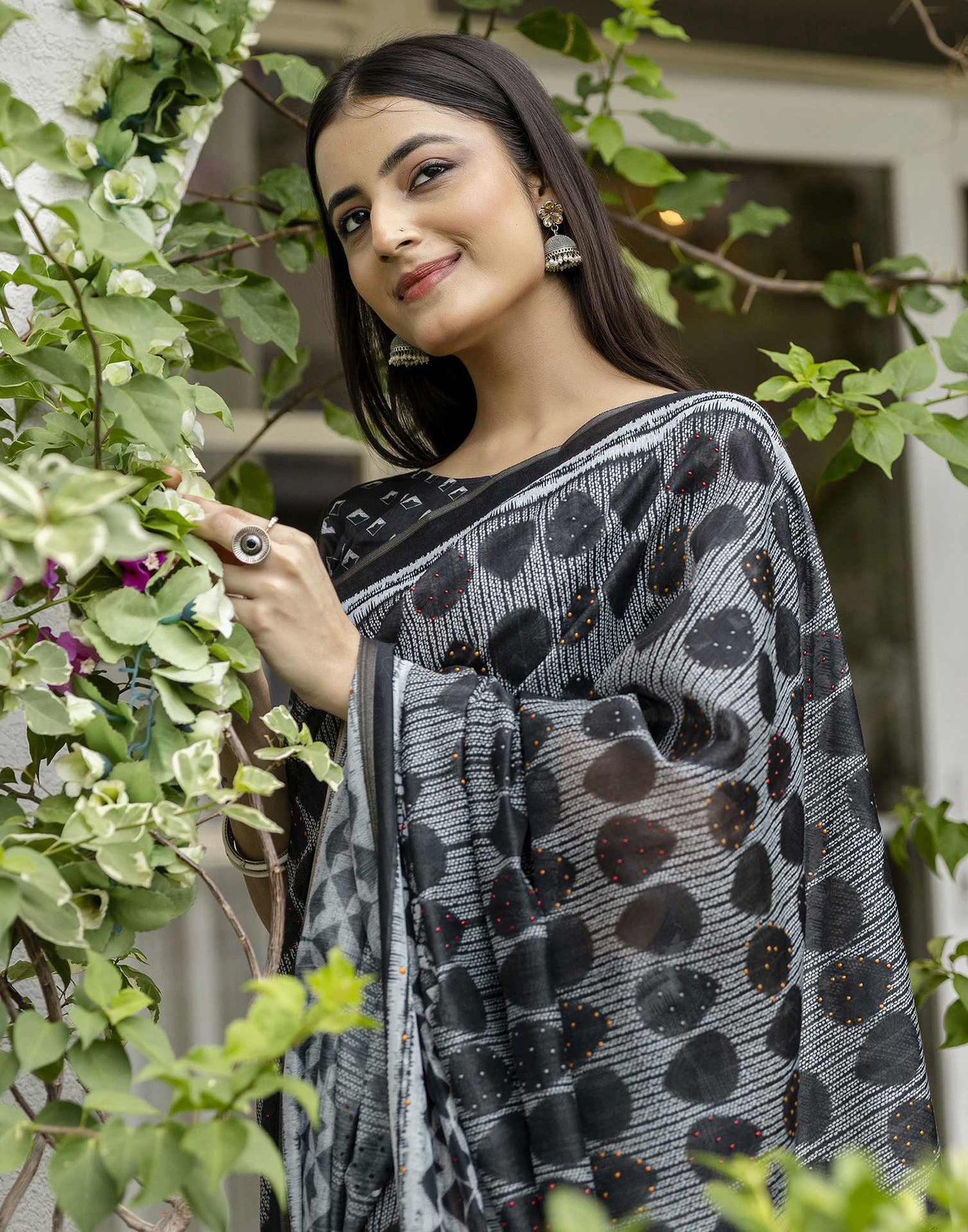 Black Chanderi Printed Saree