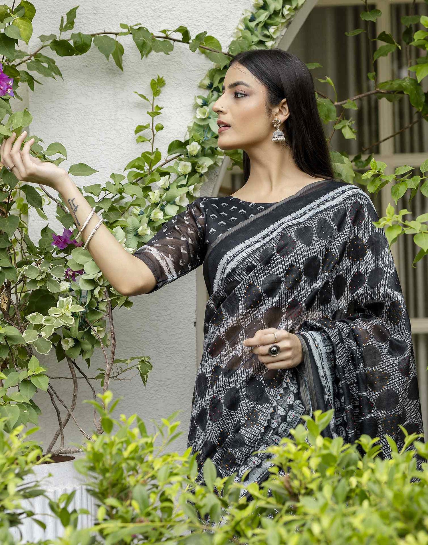 Black Chanderi Printed Saree