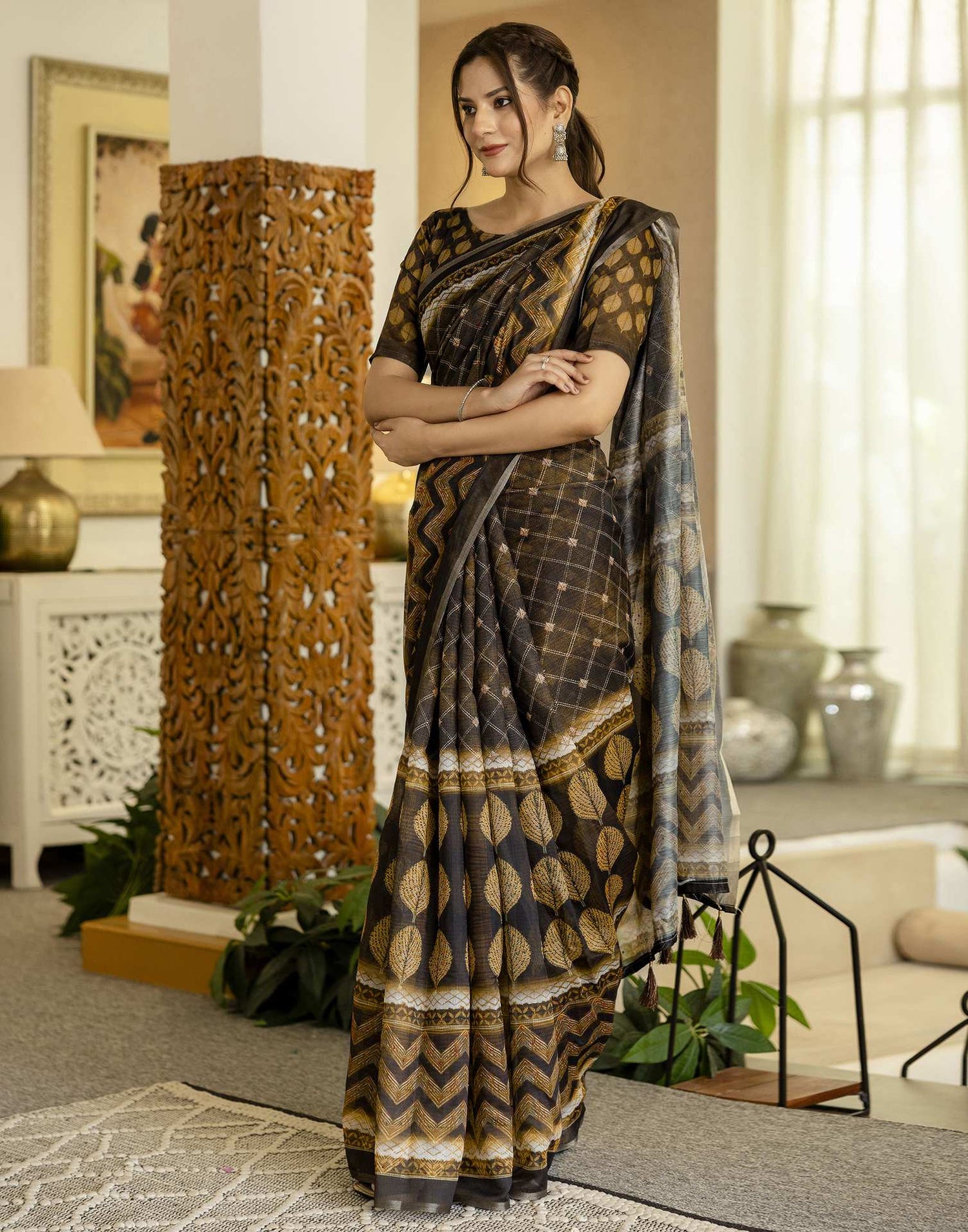 Black Chanderi Printed Saree