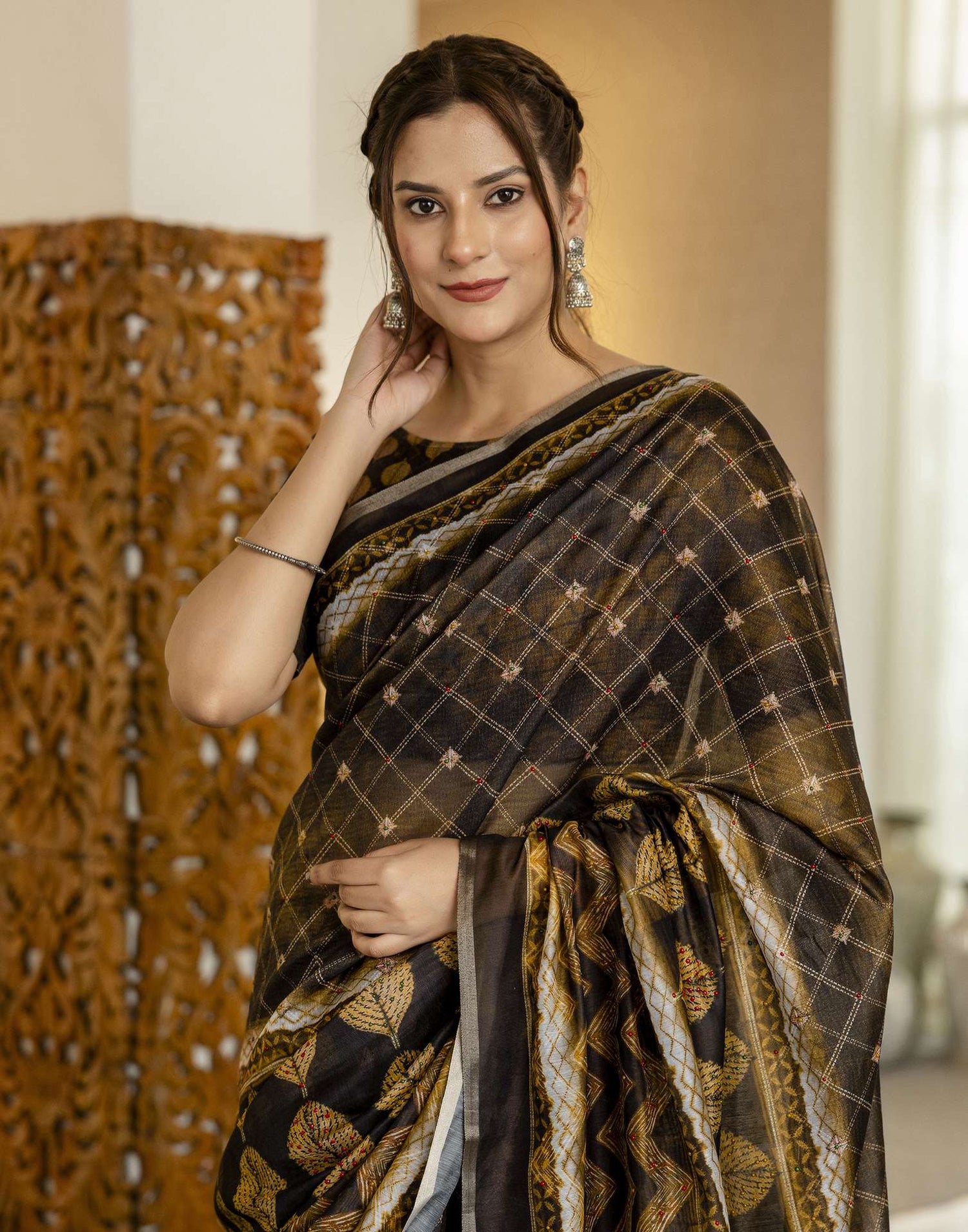 Black Chanderi Printed Saree