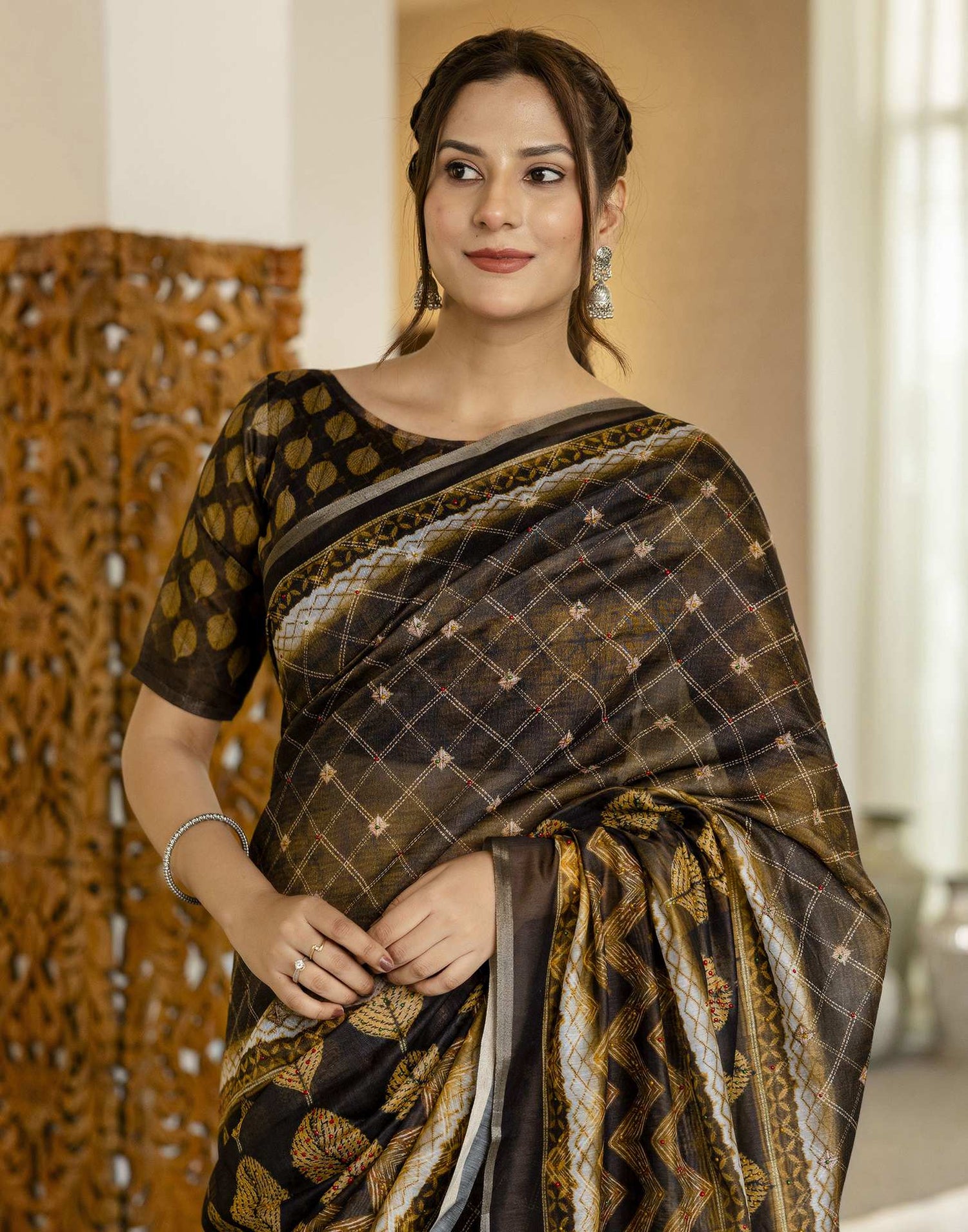 Black Chanderi Printed Saree