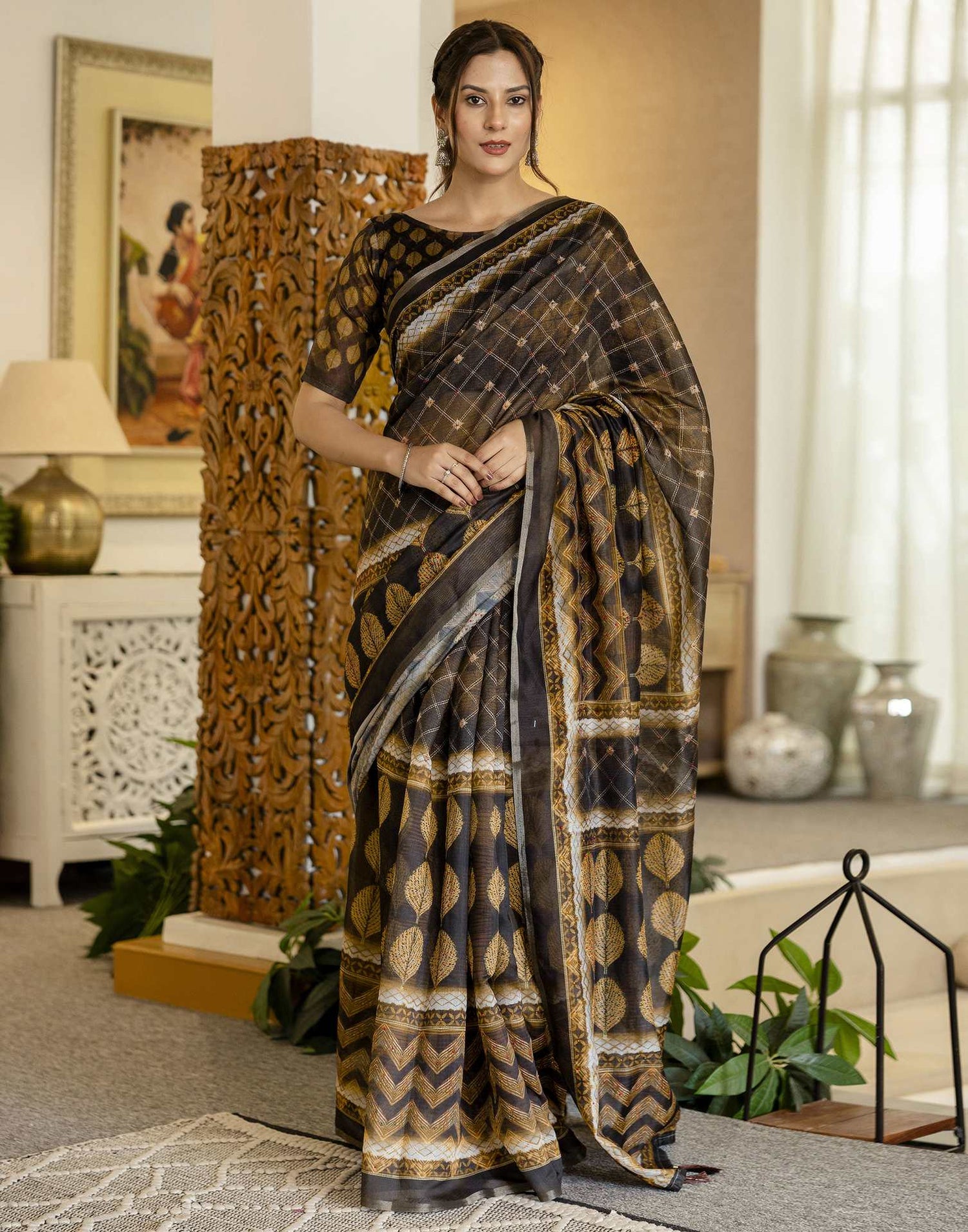 Black Chanderi Printed Saree