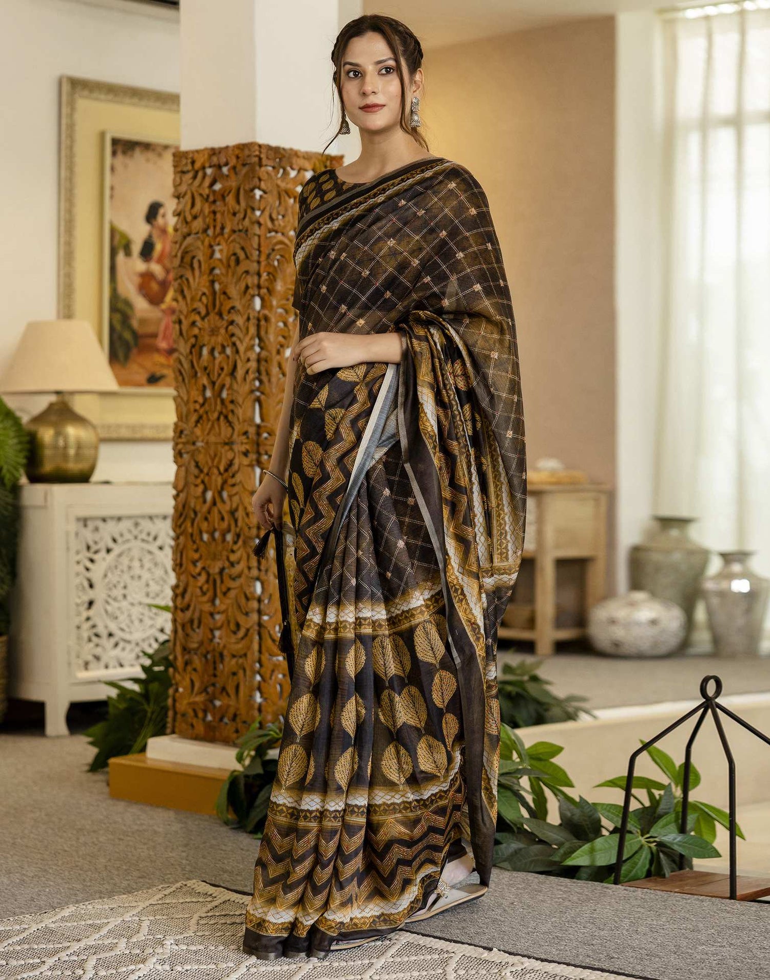 Black Chanderi Printed Saree