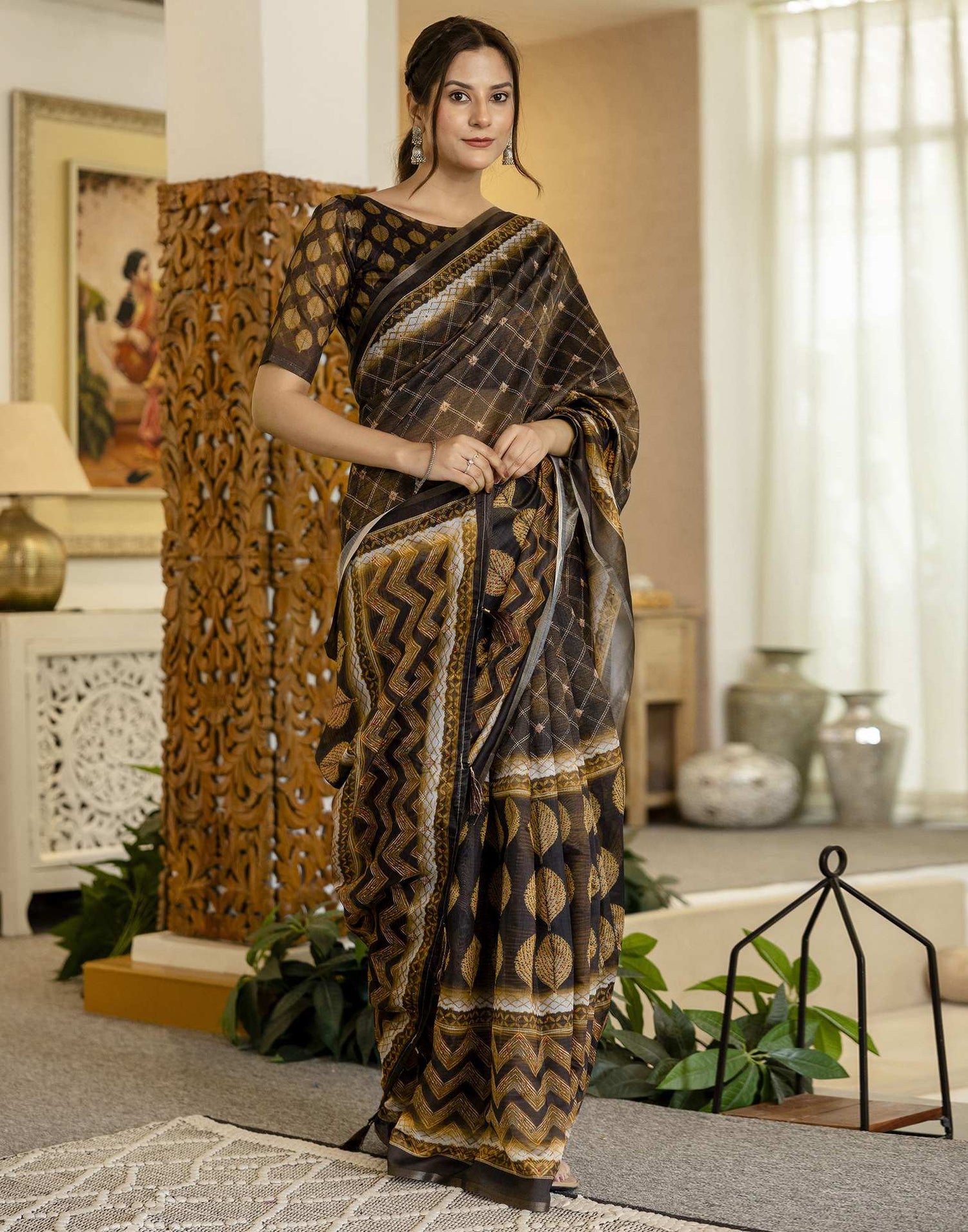 Black Chanderi Printed Saree