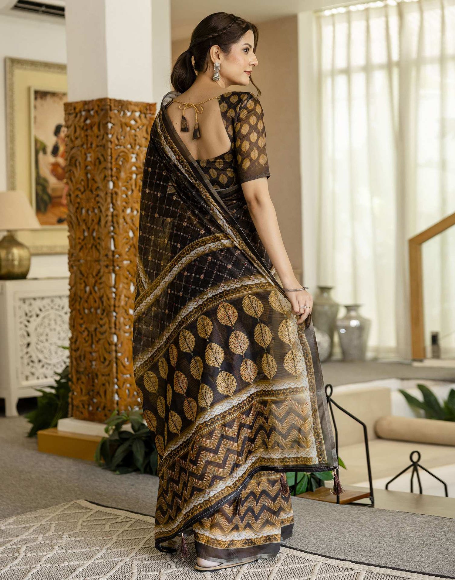 Black Chanderi Printed Saree