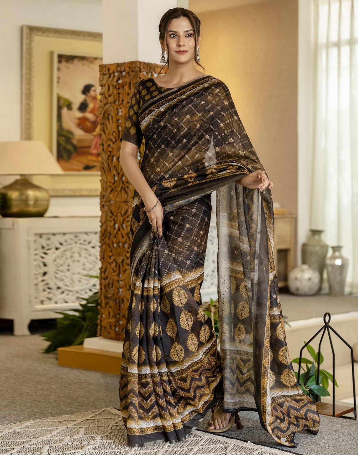 Black Chanderi Printed Saree