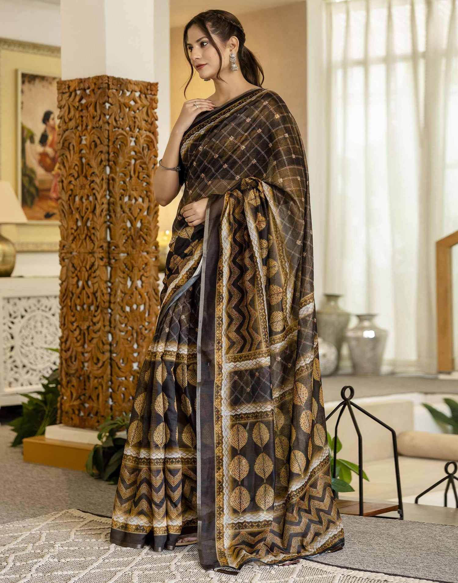 Black Chanderi Printed Saree