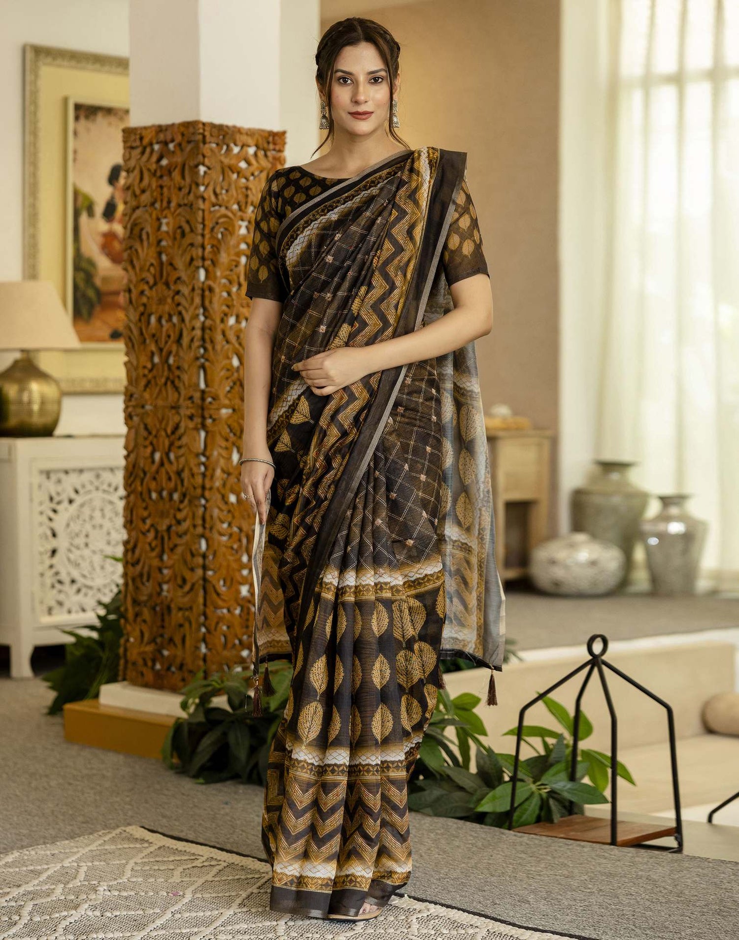 Black Chanderi Printed Saree