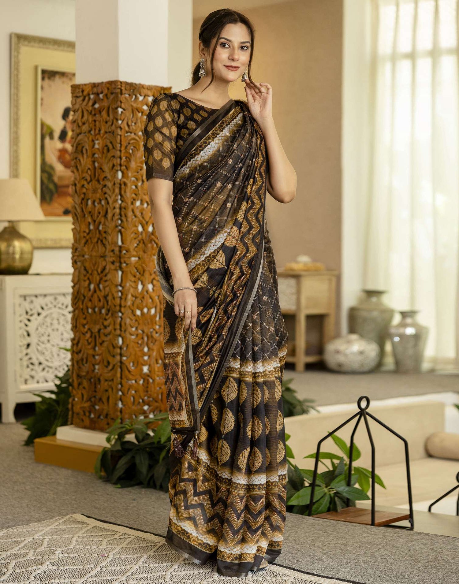 Black Chanderi Printed Saree