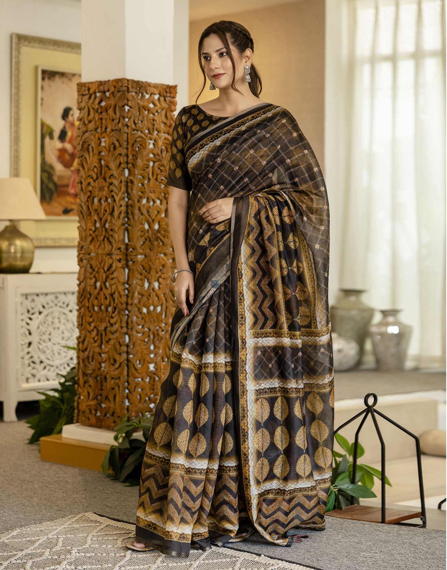 Black Chanderi Printed Saree