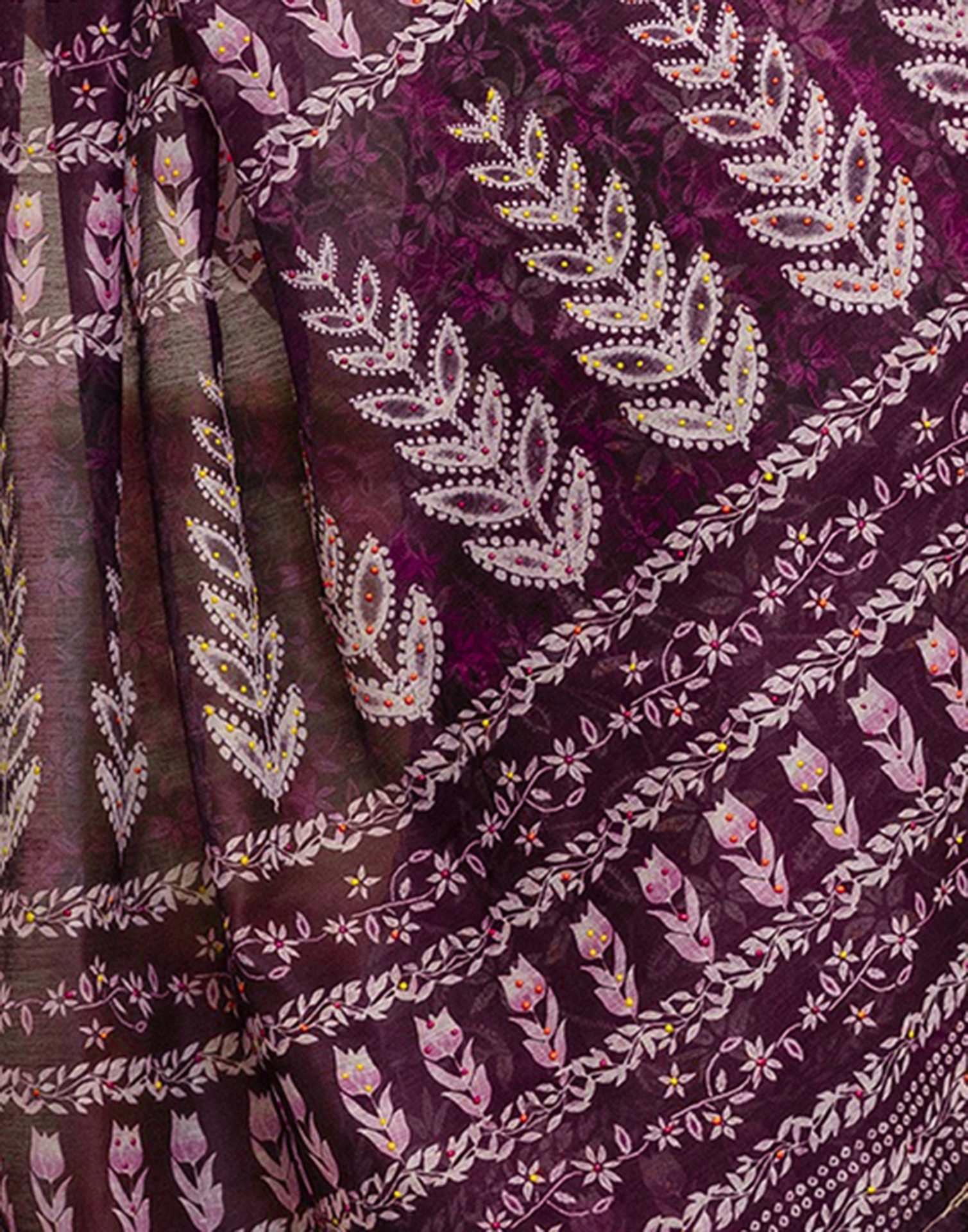 Wine Chanderi Floral Printed Saree