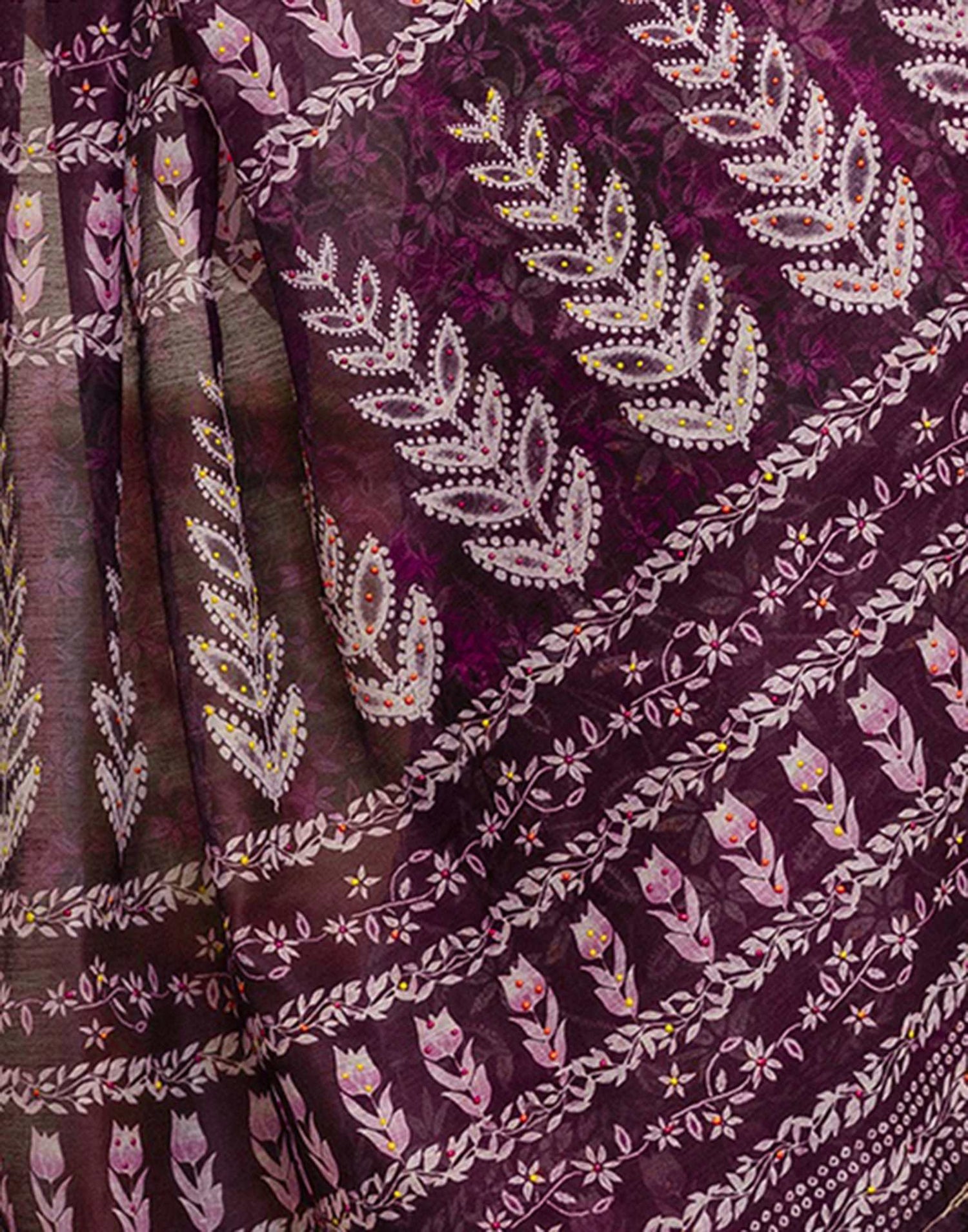 Wine Chanderi Floral Printed  Saree