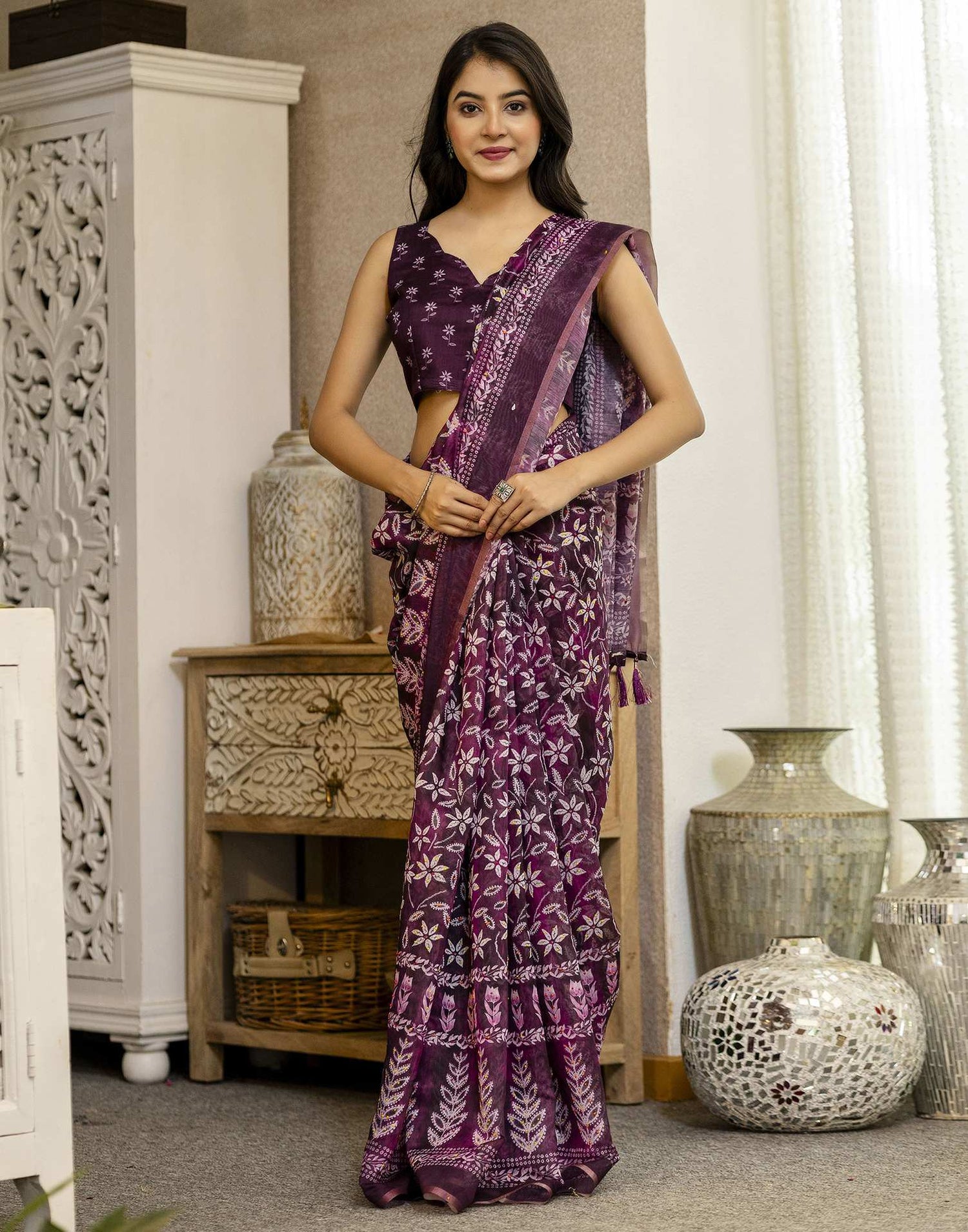 Wine Chanderi Floral Printed  Saree