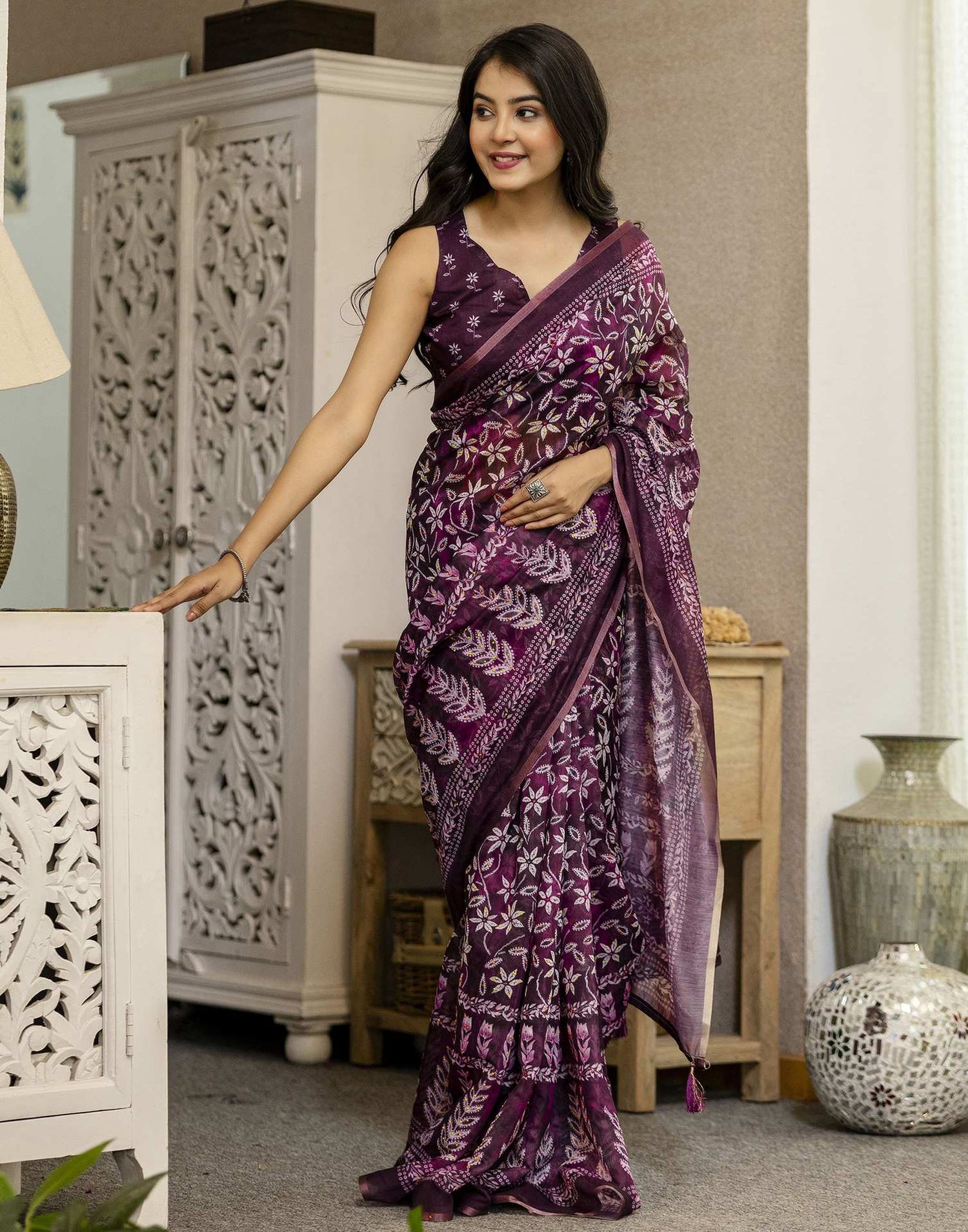 Wine Chanderi Floral Printed  Saree