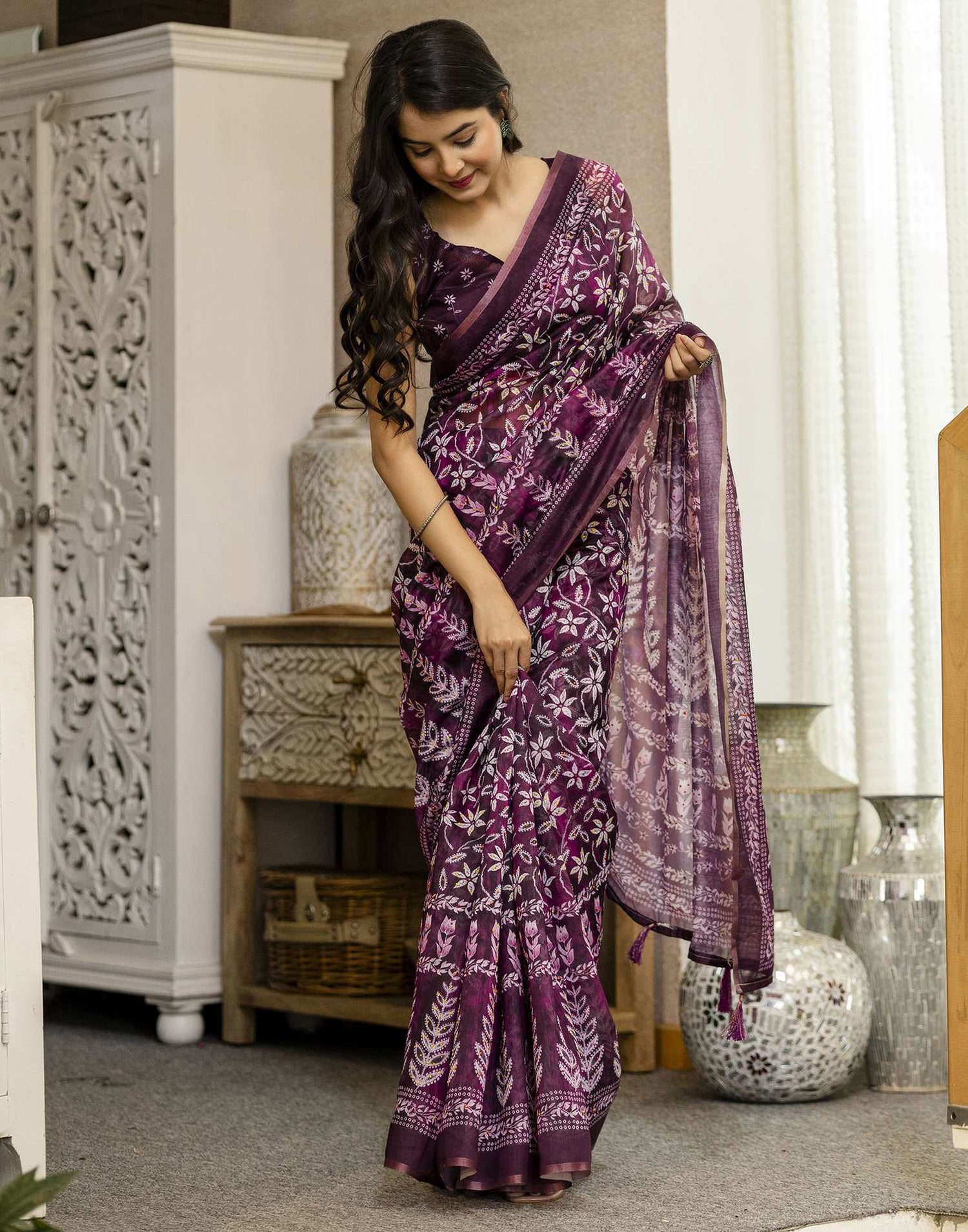 Wine Chanderi Floral Printed  Saree