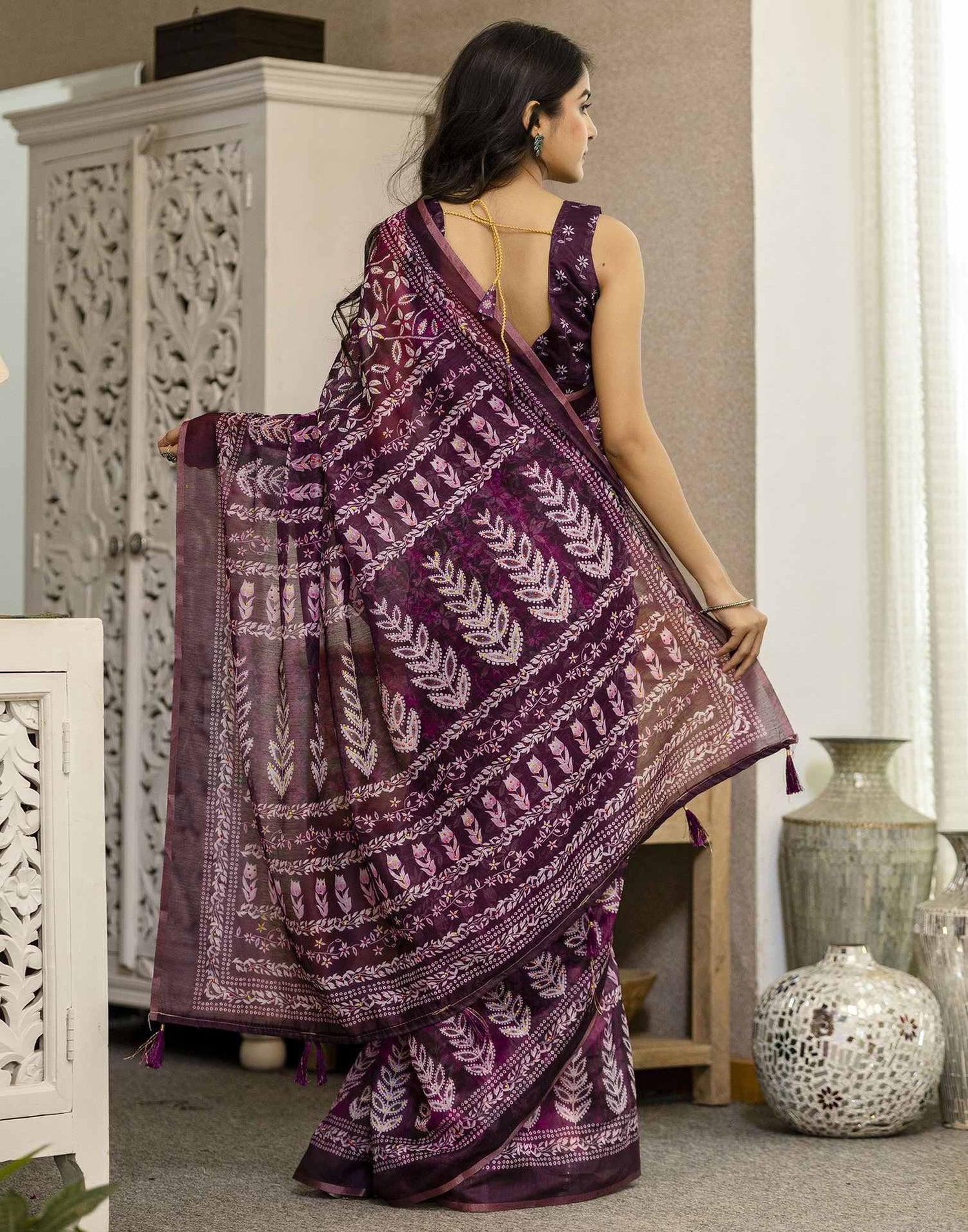 Wine Chanderi Floral Printed  Saree