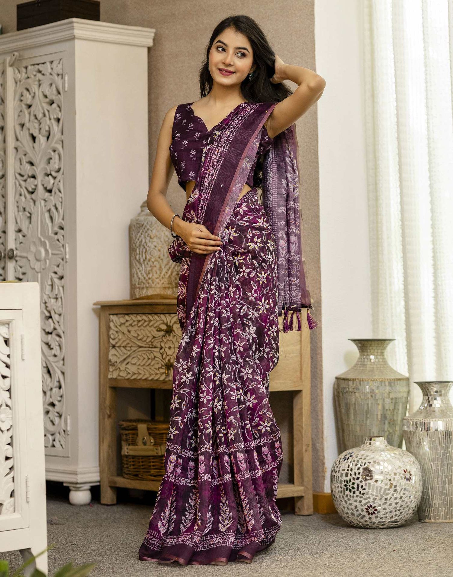 Wine Chanderi Floral Printed  Saree