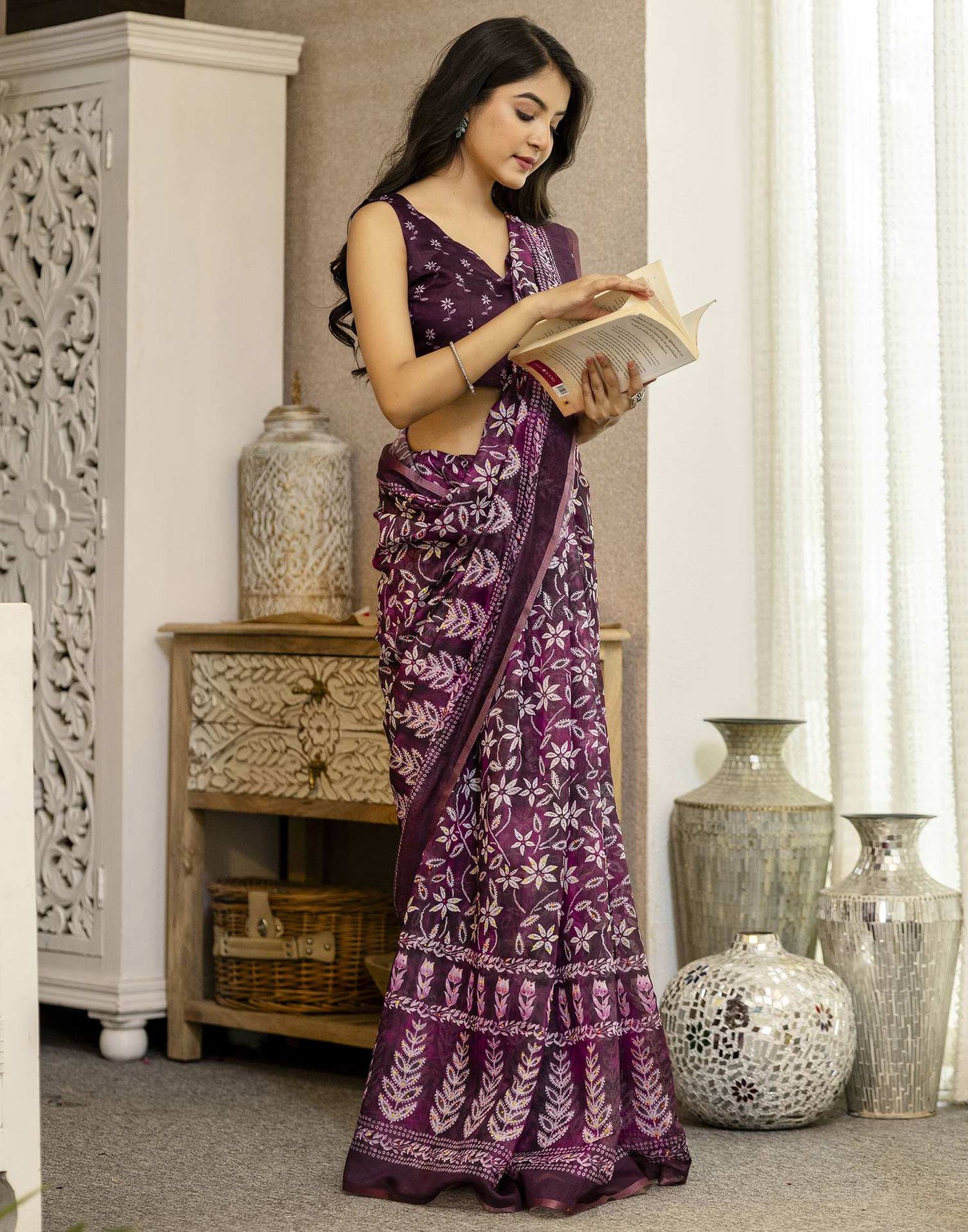Wine Chanderi Floral Printed  Saree