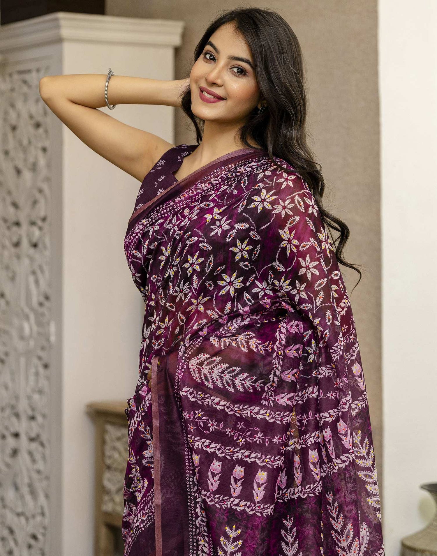 Wine Chanderi Floral Printed  Saree