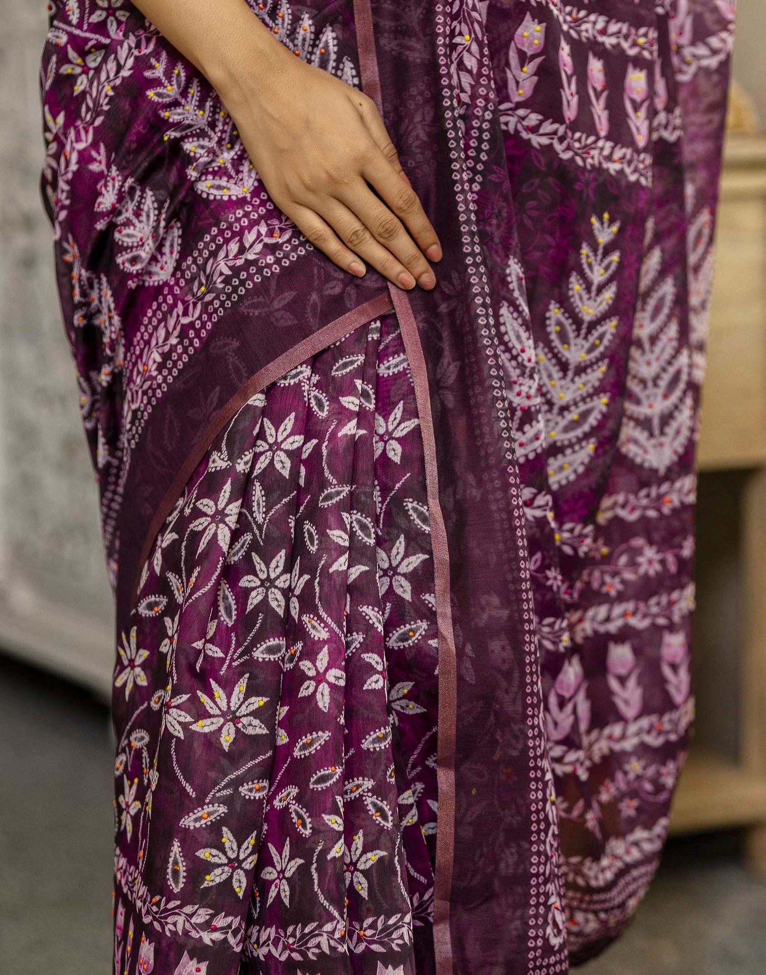 Wine Chanderi Floral Printed  Saree