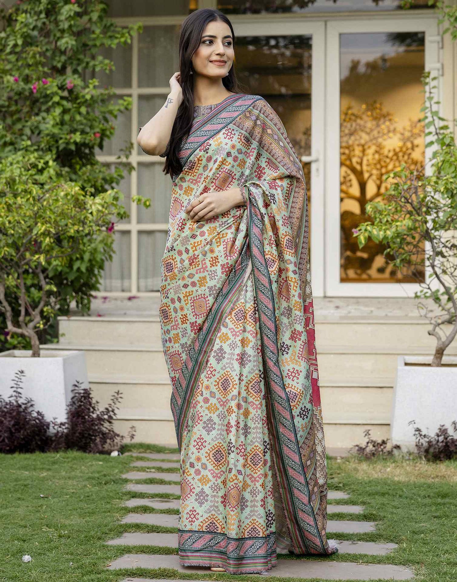 Pista Green Silk Printed Saree