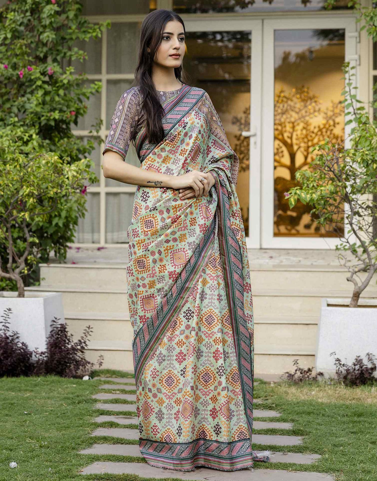 Pista Green Silk Printed Saree