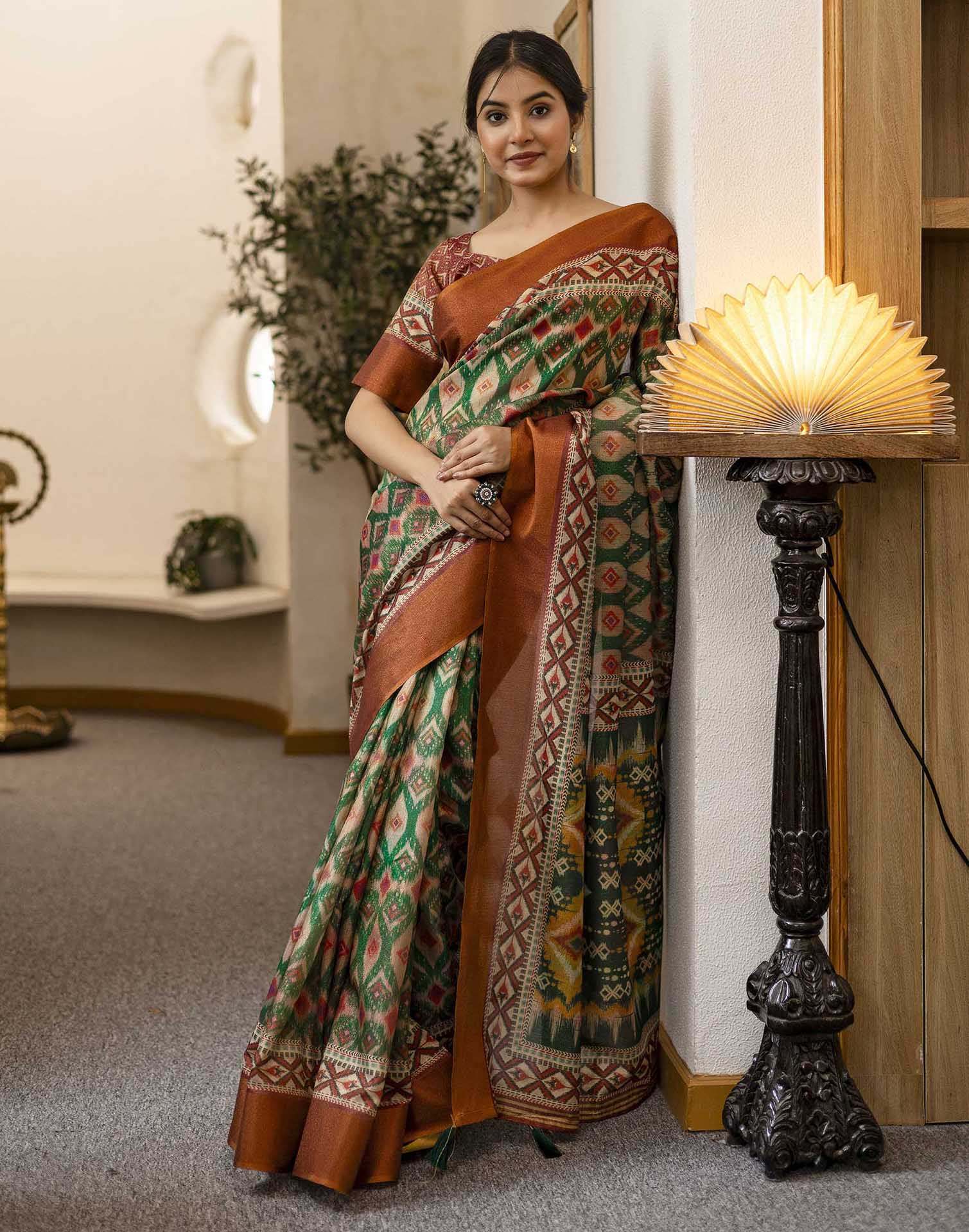 Dark Green Shimmer Silk Printed Saree