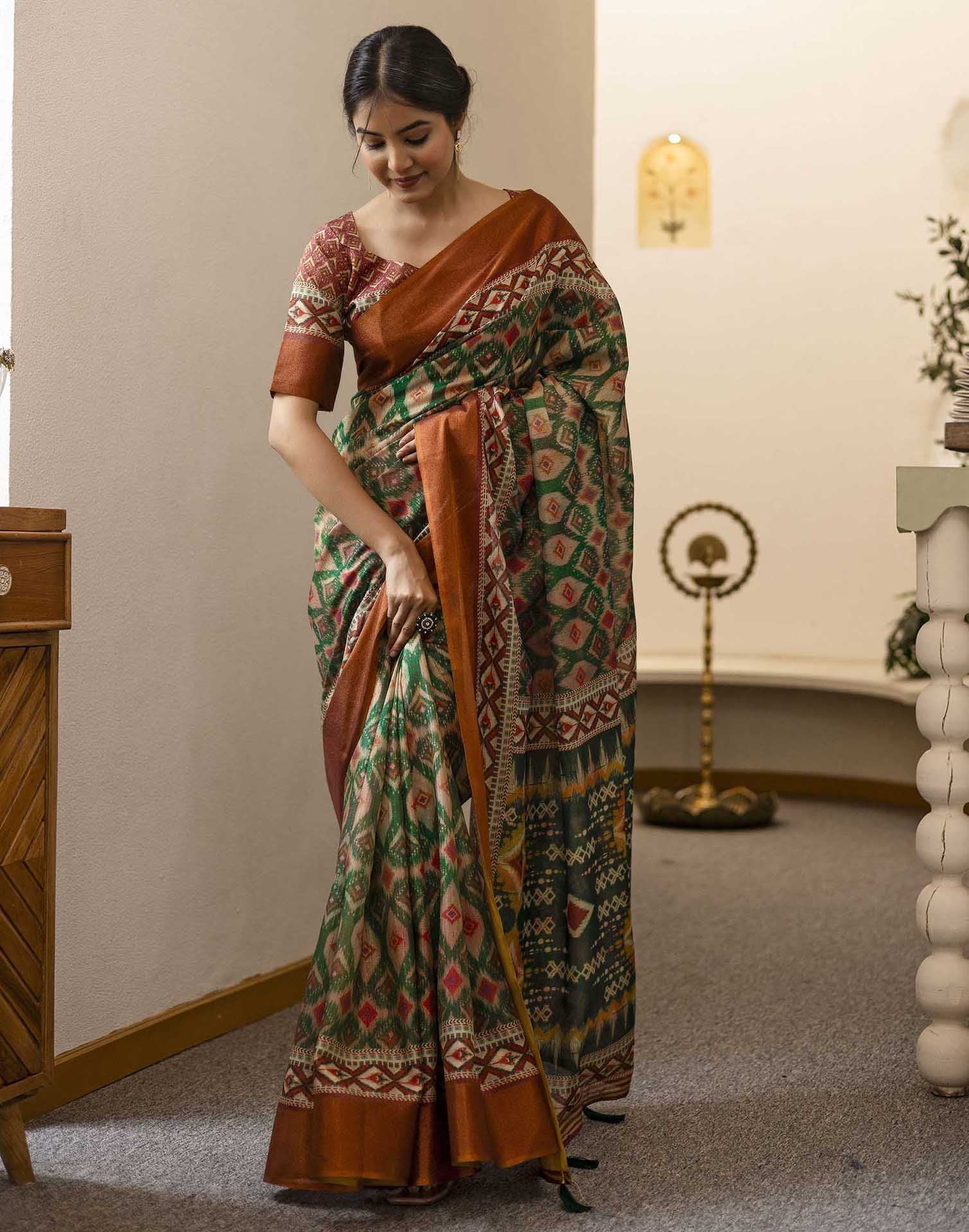 Dark Green Shimmer Silk Printed Saree
