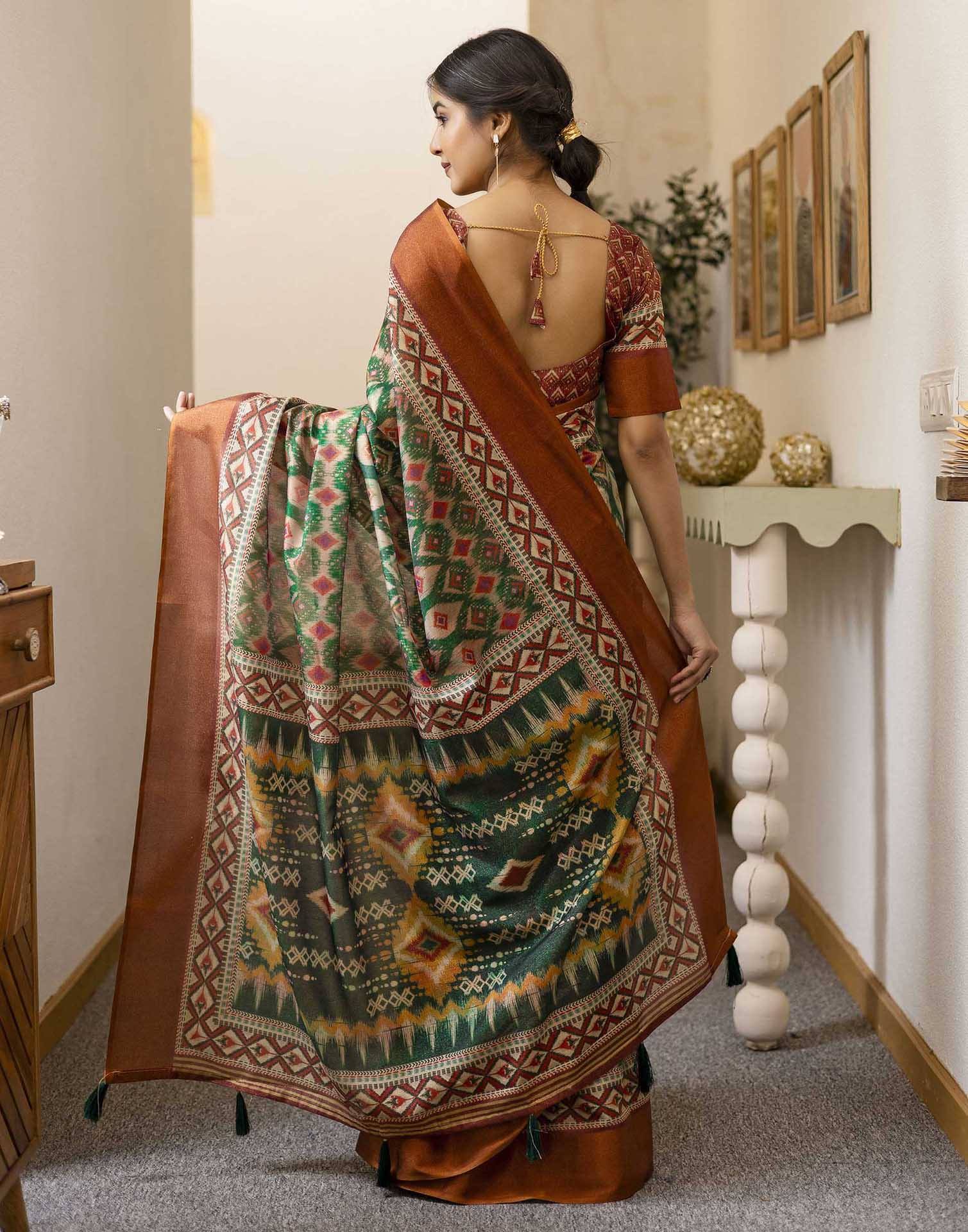 Dark Green Shimmer Silk Printed Saree