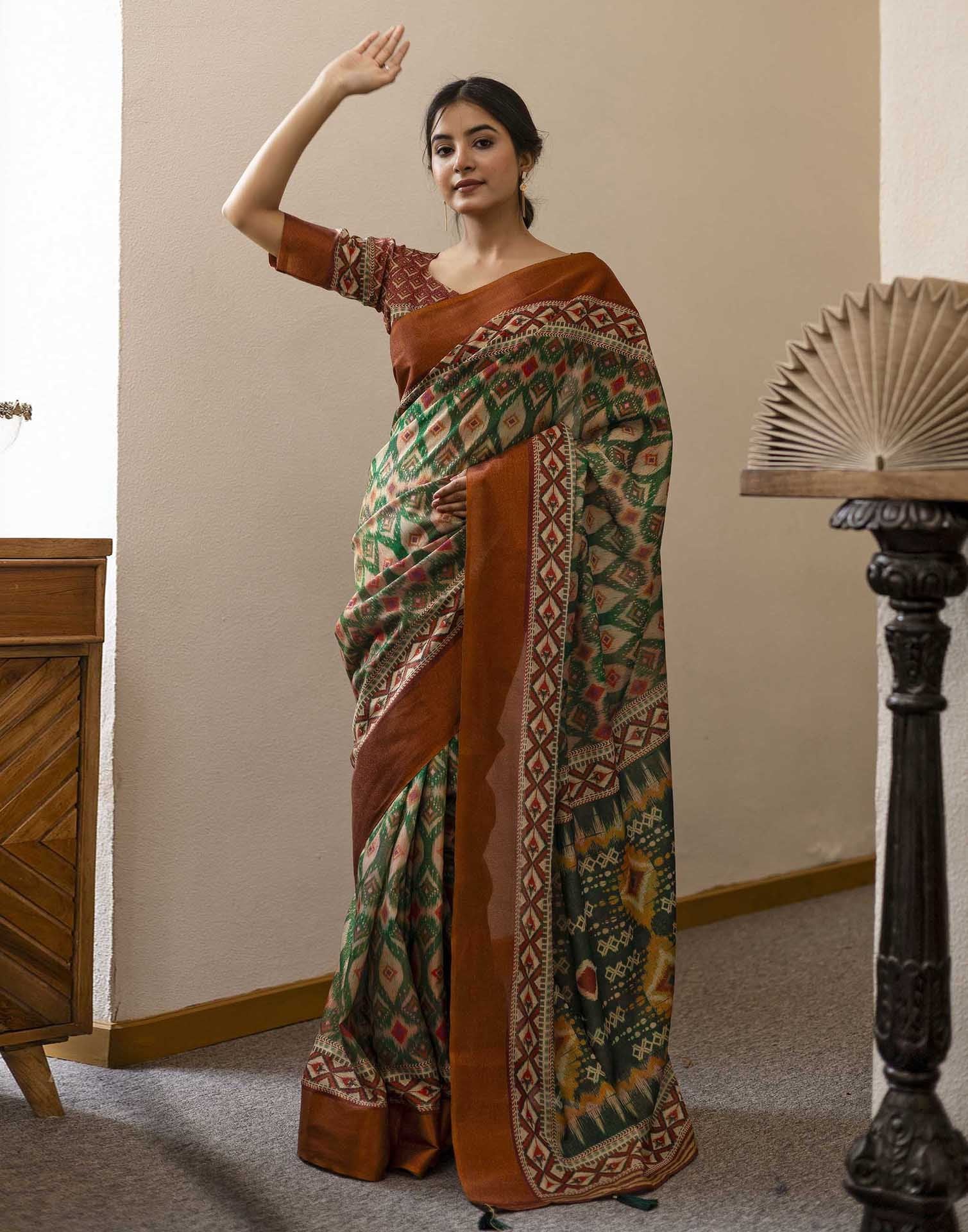 Dark Green Shimmer Silk Printed Saree