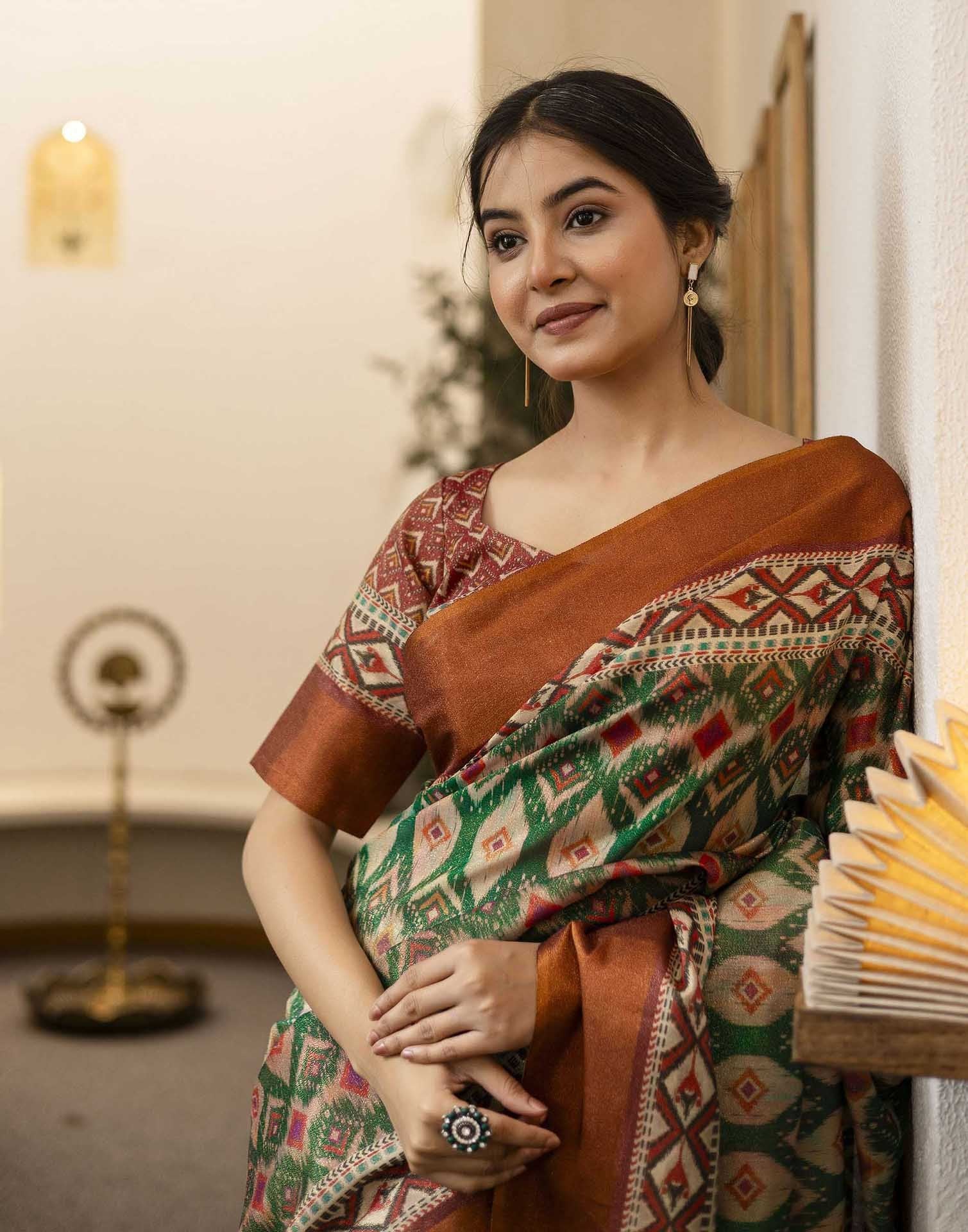Dark Green Shimmer Silk Printed Saree