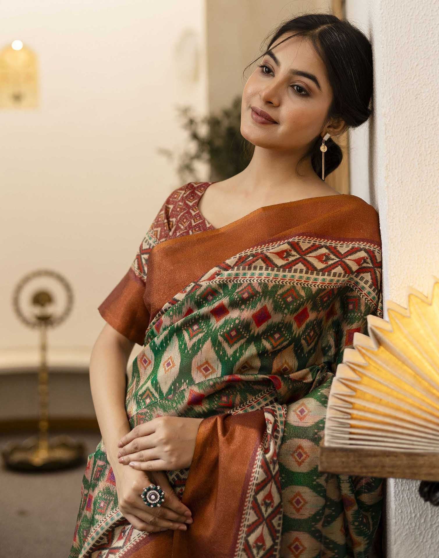 Dark Green Shimmer Silk Printed Saree