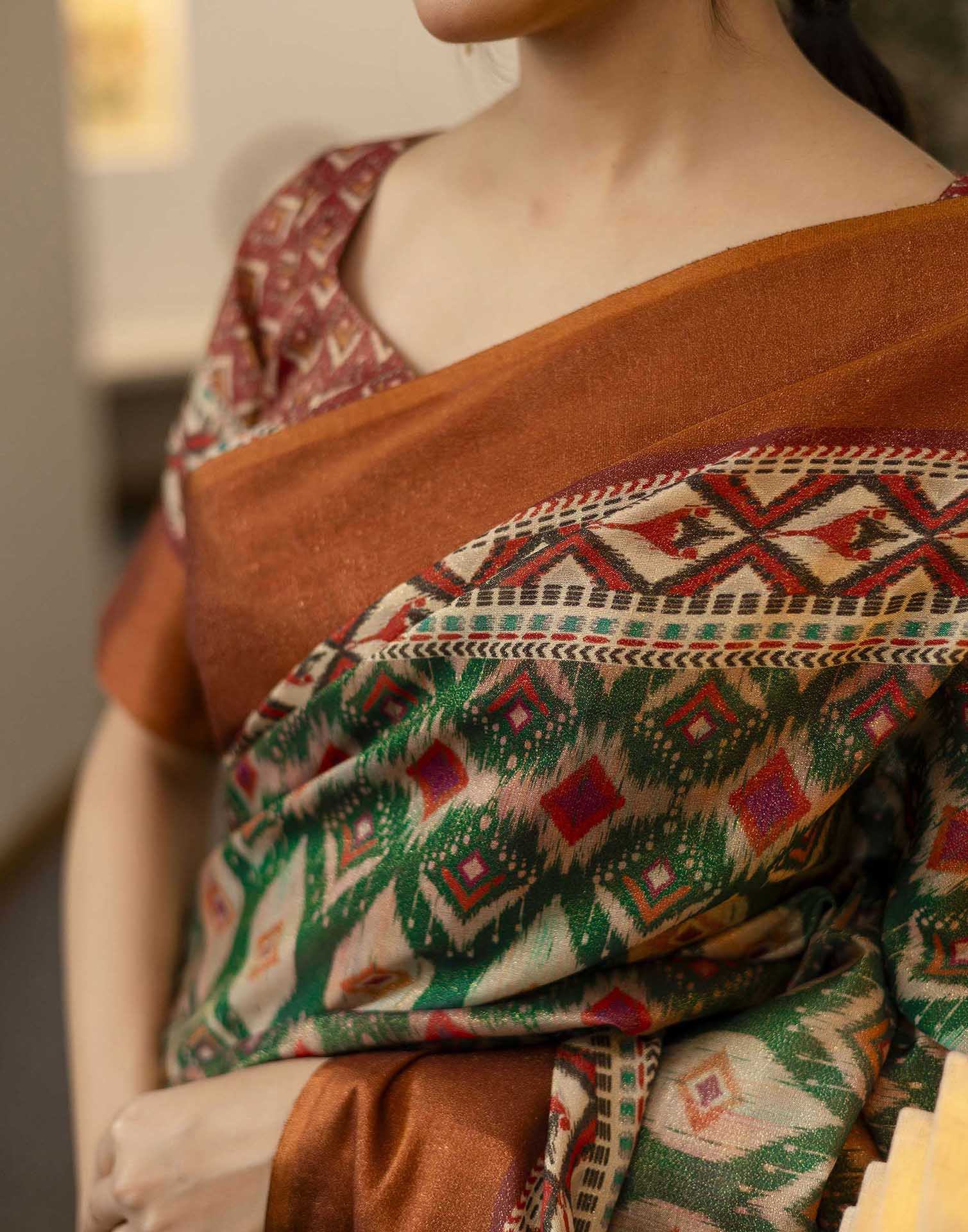Dark Green Shimmer Silk Printed Saree