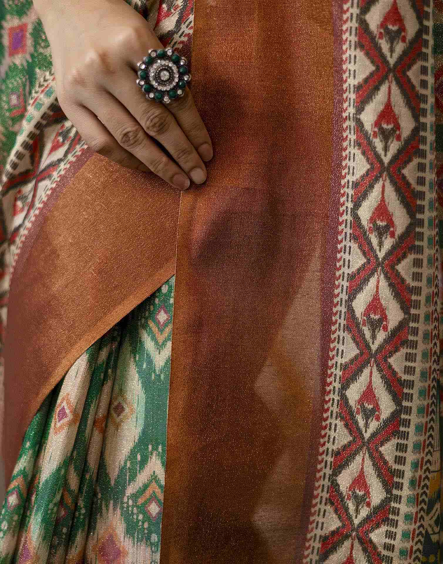 Dark Green Shimmer Silk Printed Saree