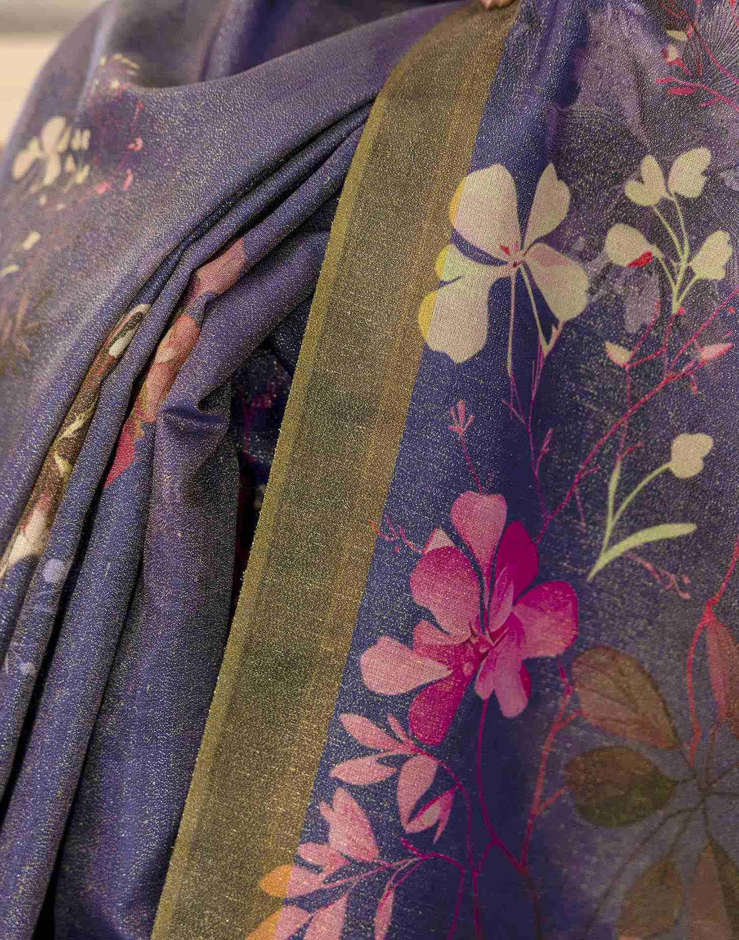 Dark Blue Shimmer Silk Floral Printed Saree