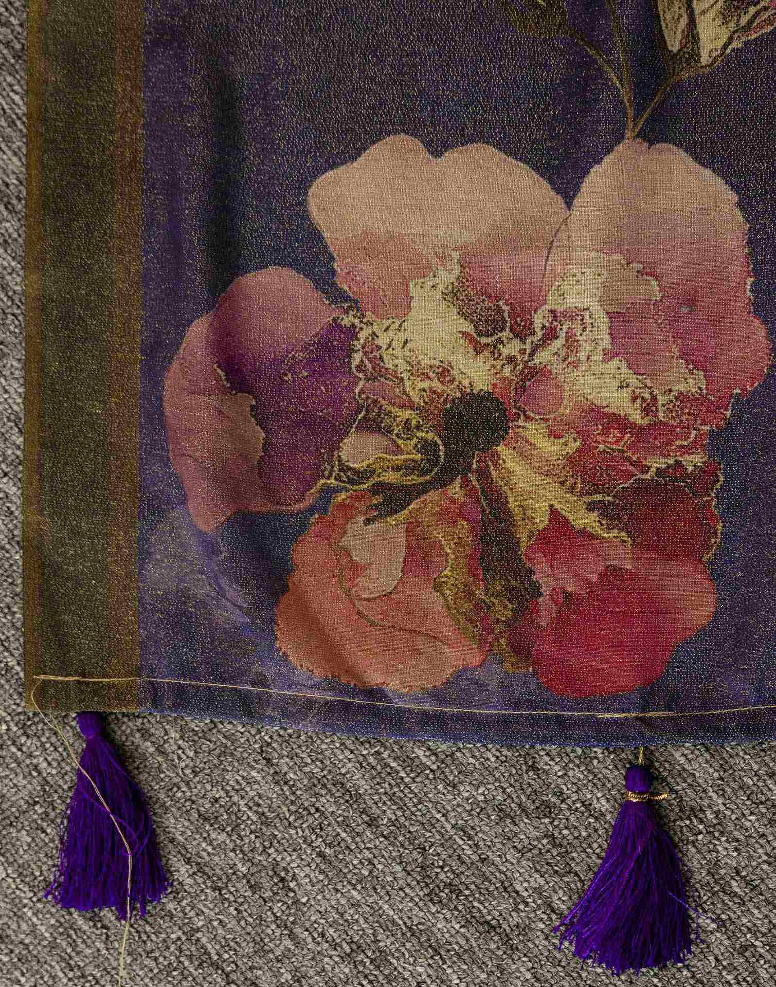 Dark Blue Shimmer Silk Floral Printed Saree
