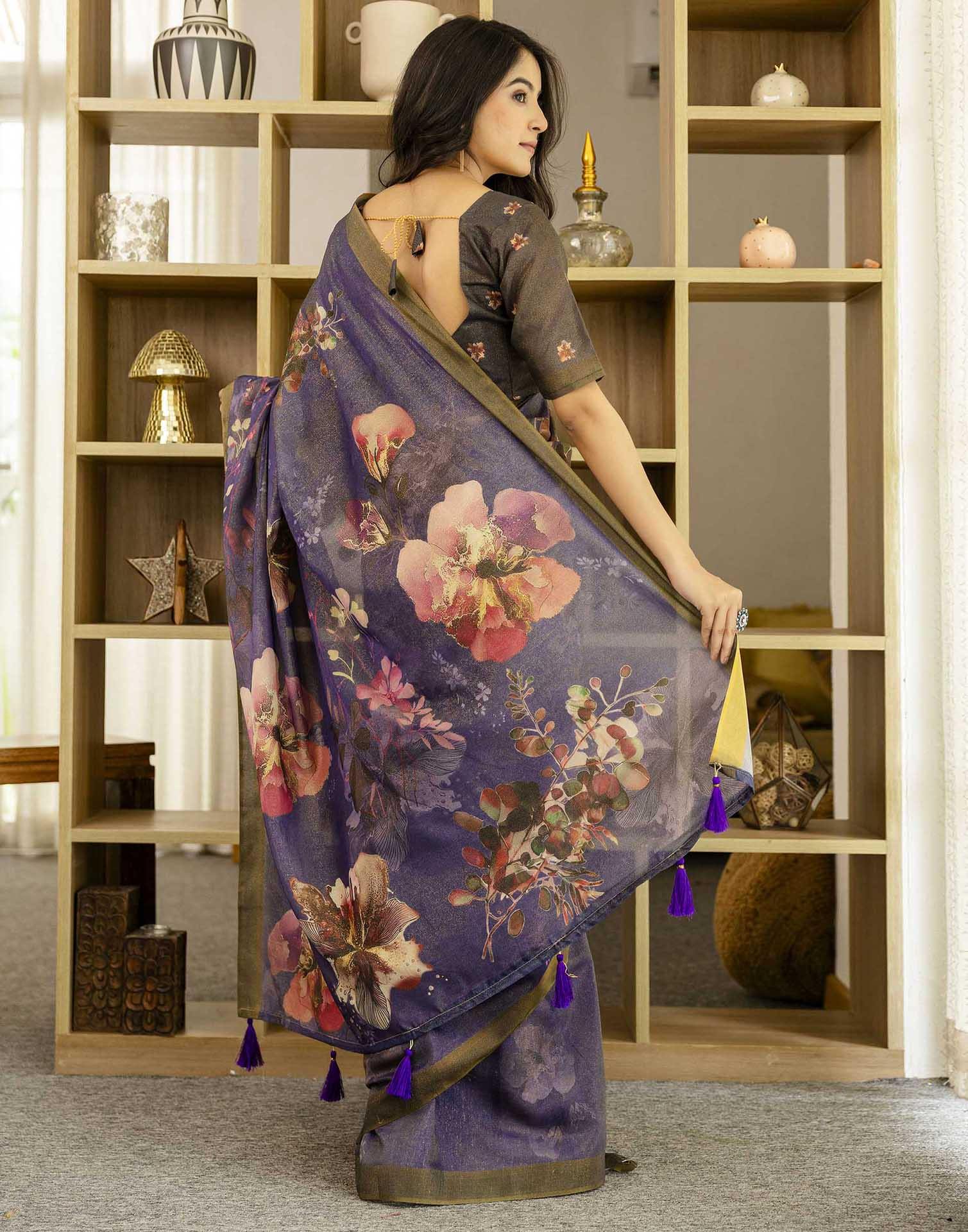 Dark Blue Shimmer Silk Floral Printed Saree