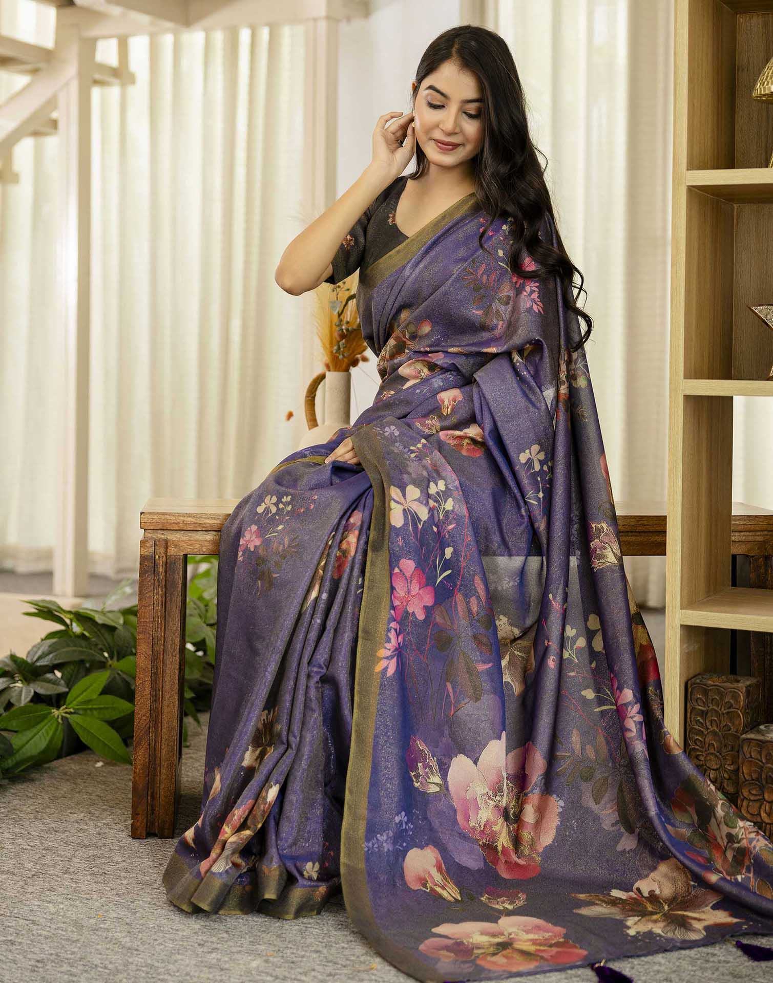 Dark Blue Shimmer Silk Floral Printed Saree