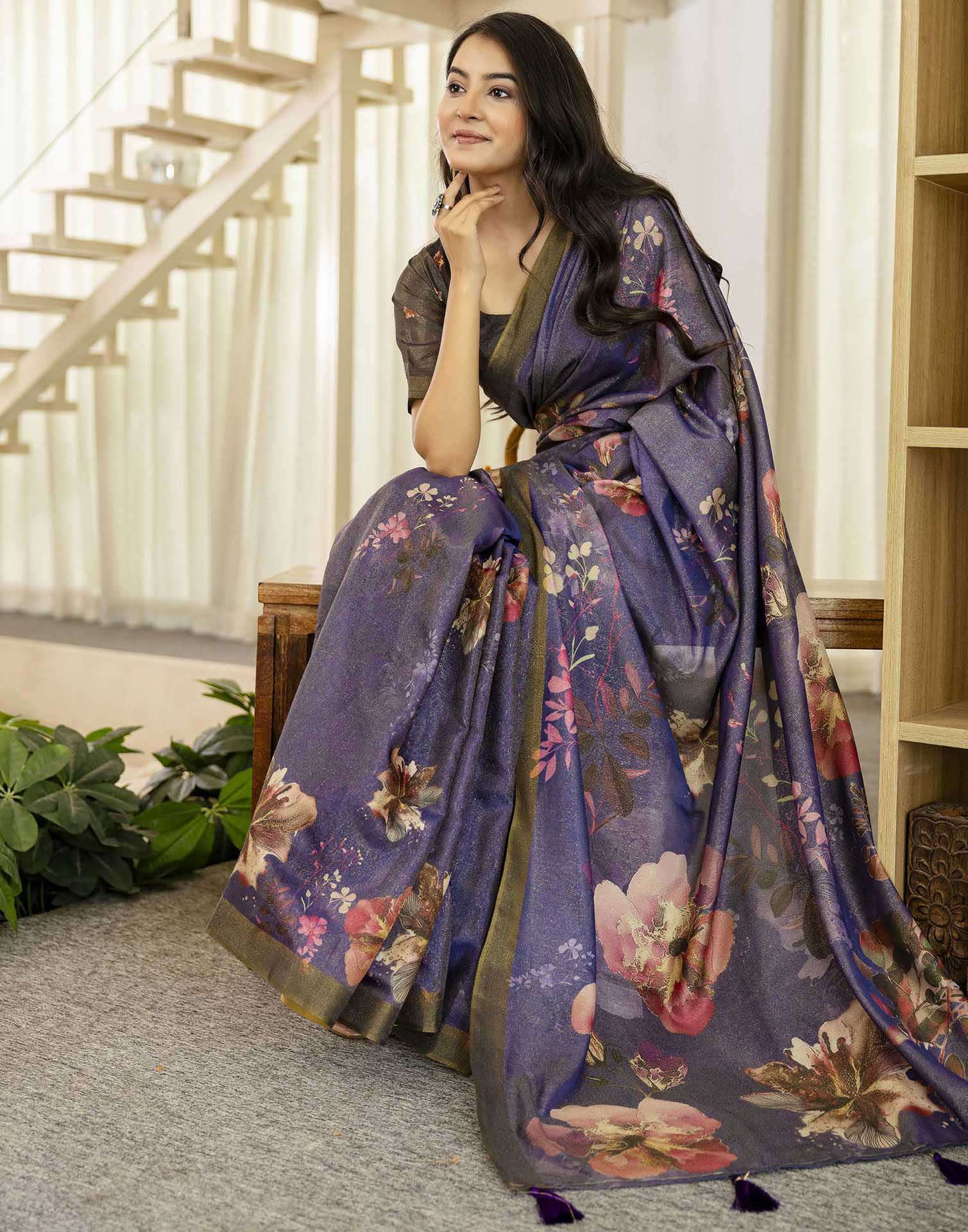 Dark Blue Shimmer Silk Floral Printed Saree