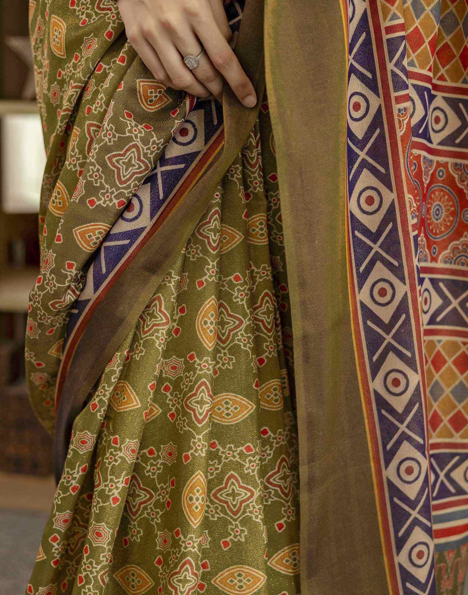 Green Shimmer Silk Printed Saree
