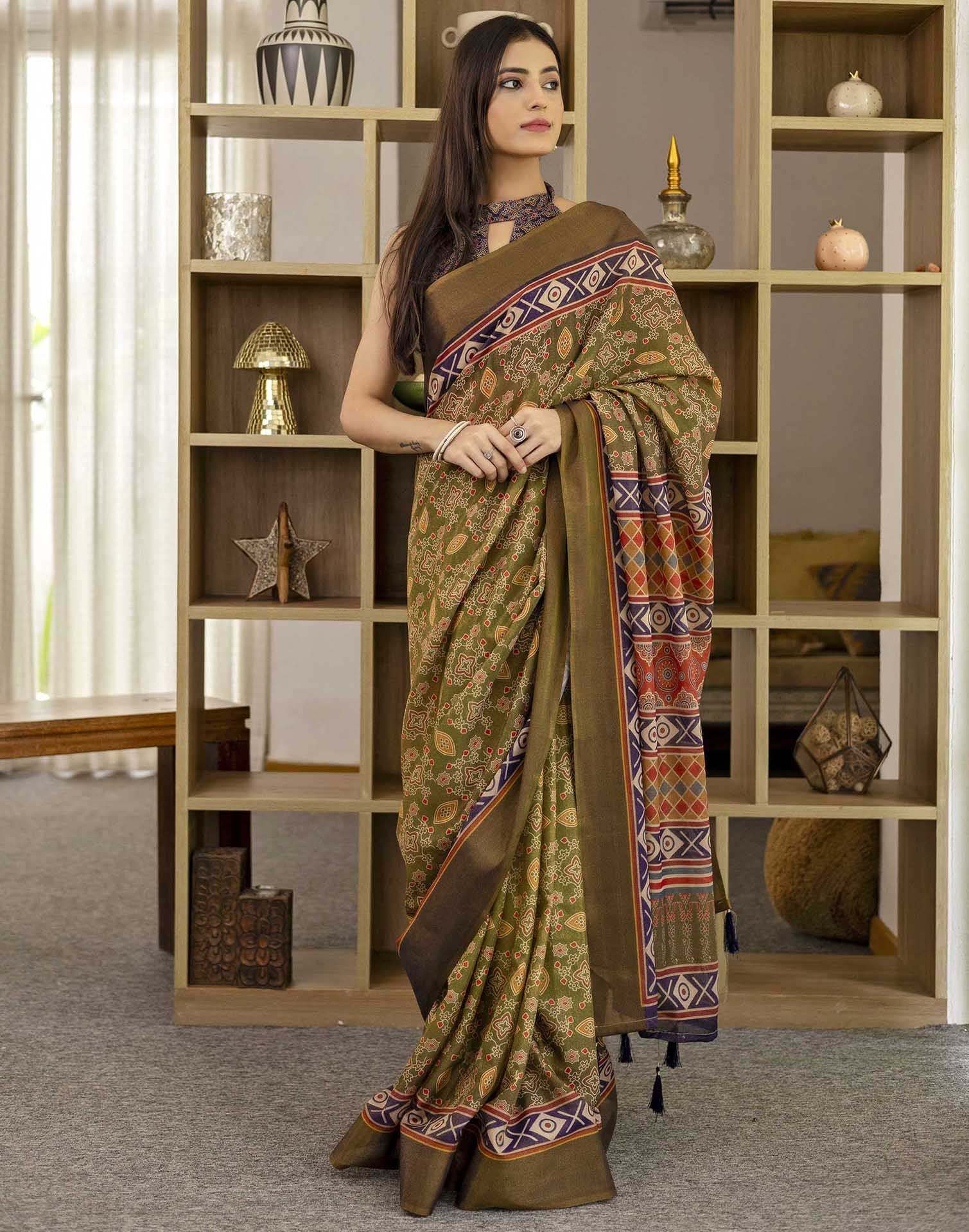 Green Shimmer Silk Printed Saree
