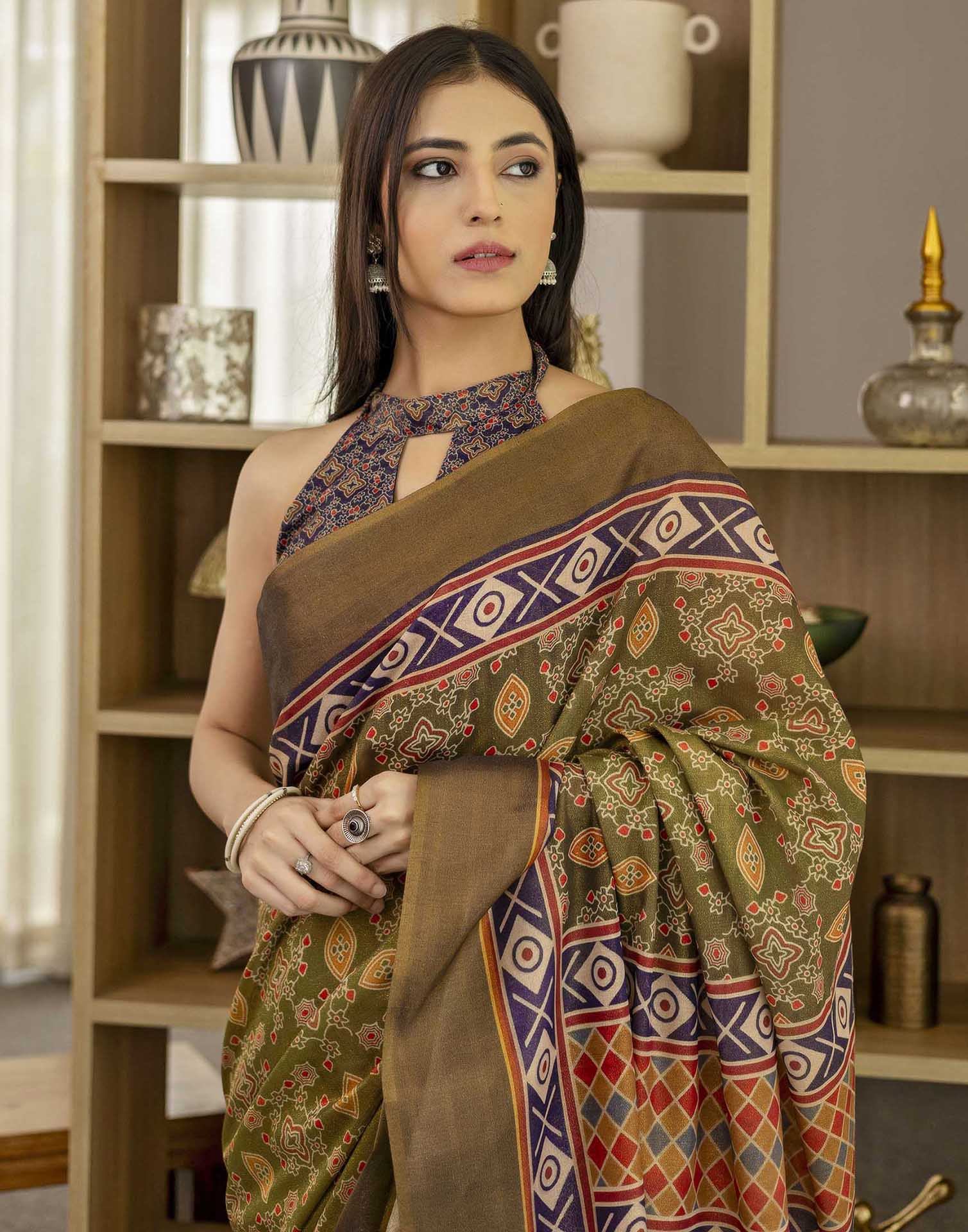 Green Shimmer Silk Printed Saree