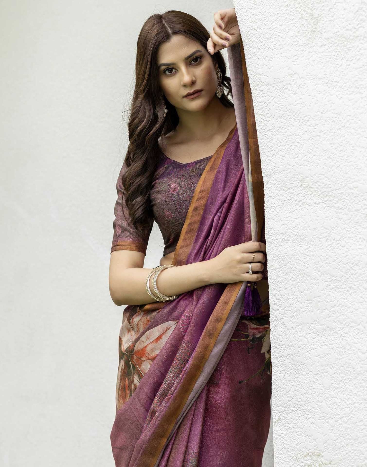 Dusty Wine Shimmer Silk Floral Printed Saree