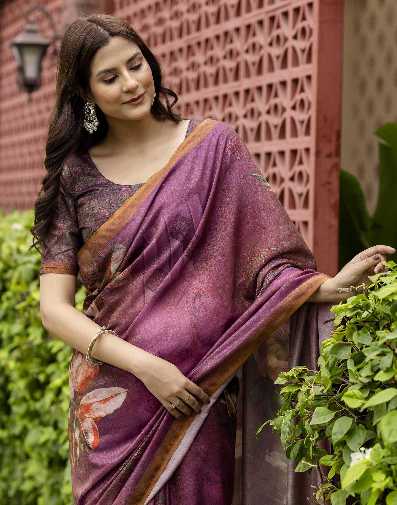 Dusty Wine Shimmer Silk Floral Printed Saree