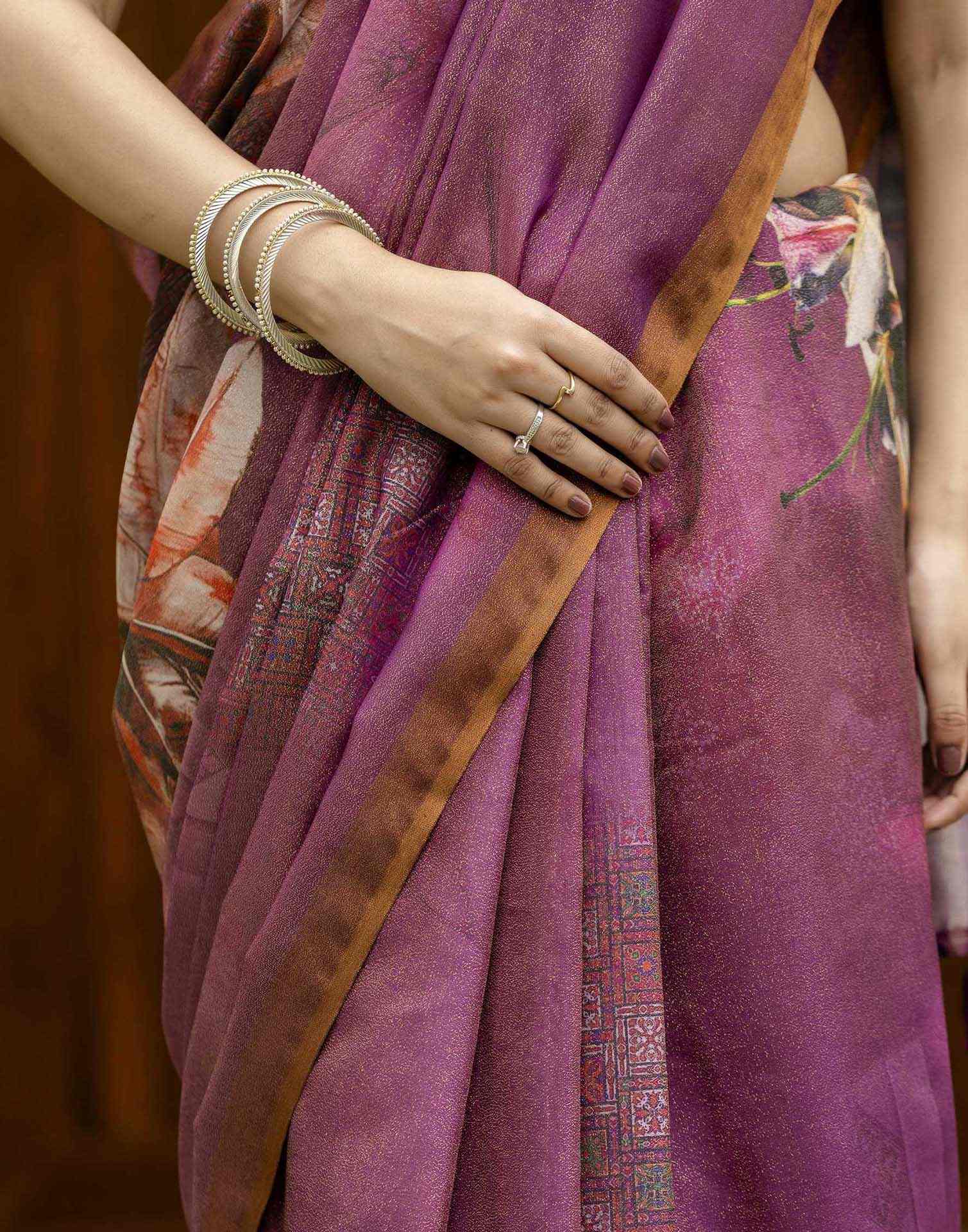 Dusty Wine Shimmer Silk Floral Printed Saree