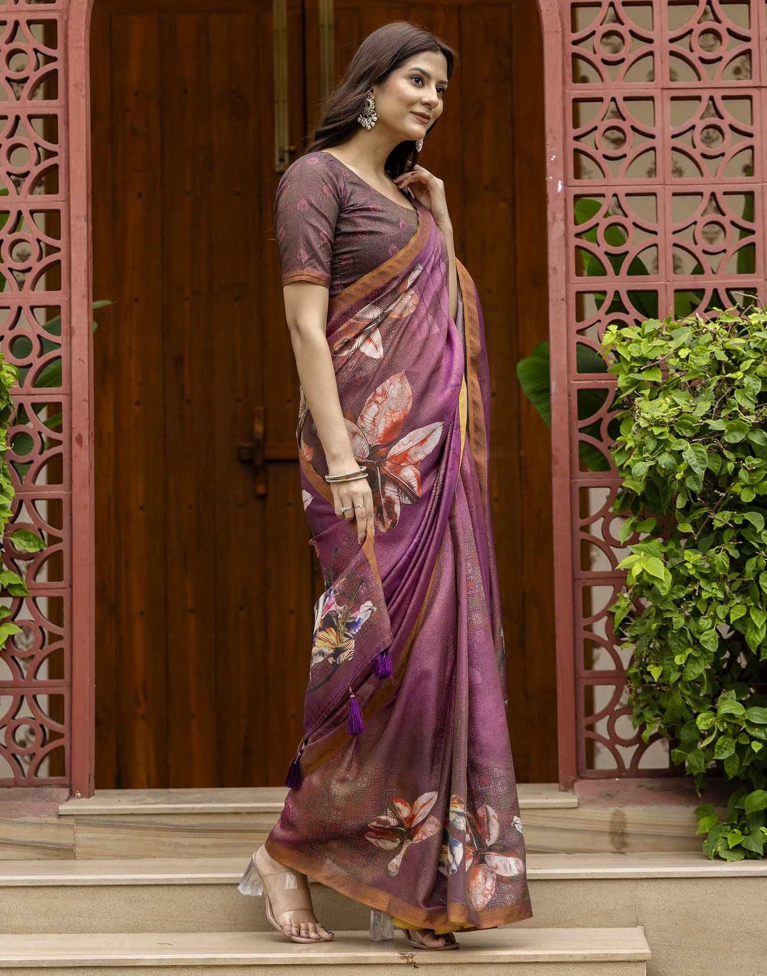 Dusty Wine Shimmer Silk Floral Printed Saree