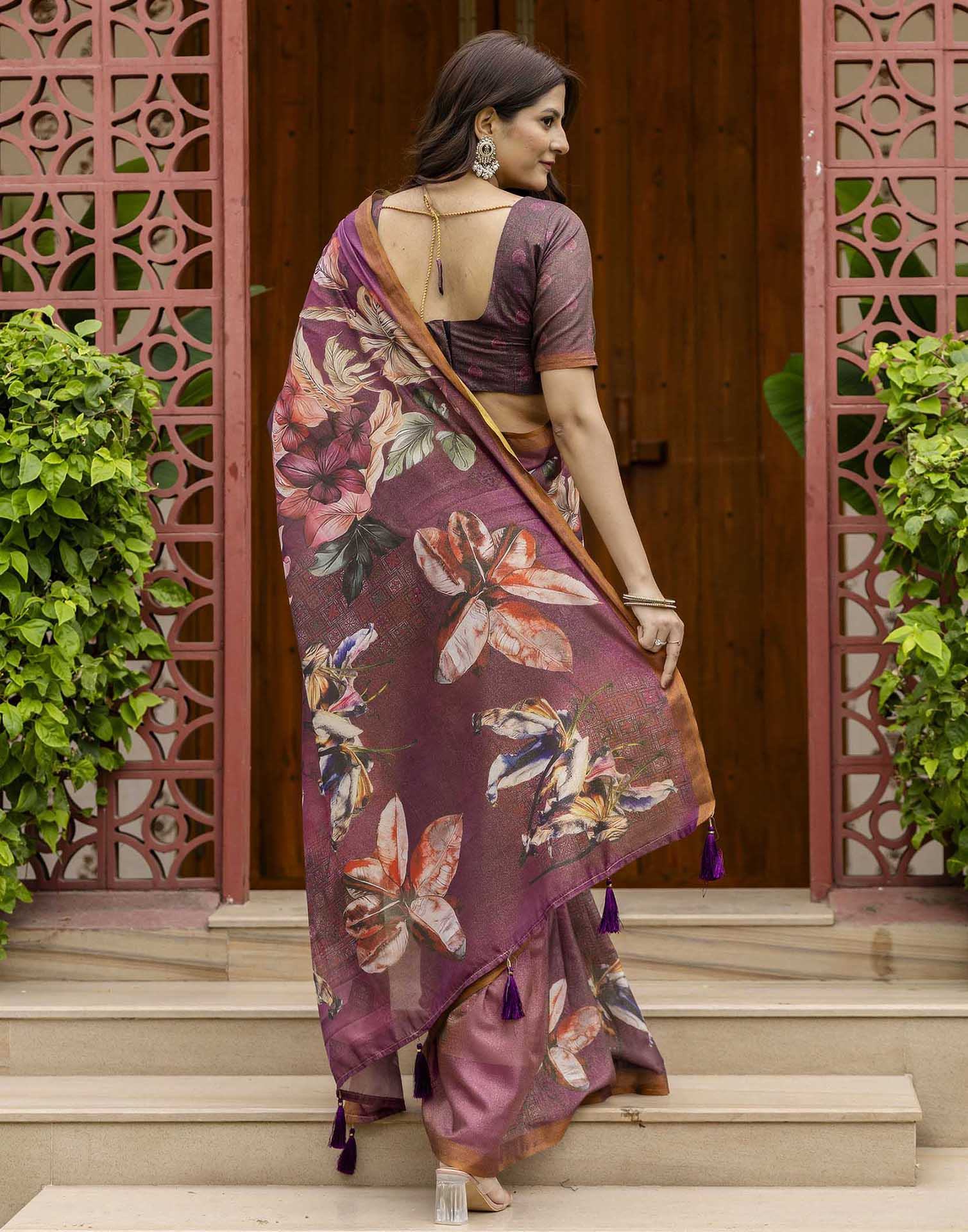 Dusty Wine Shimmer Silk Floral Printed Saree