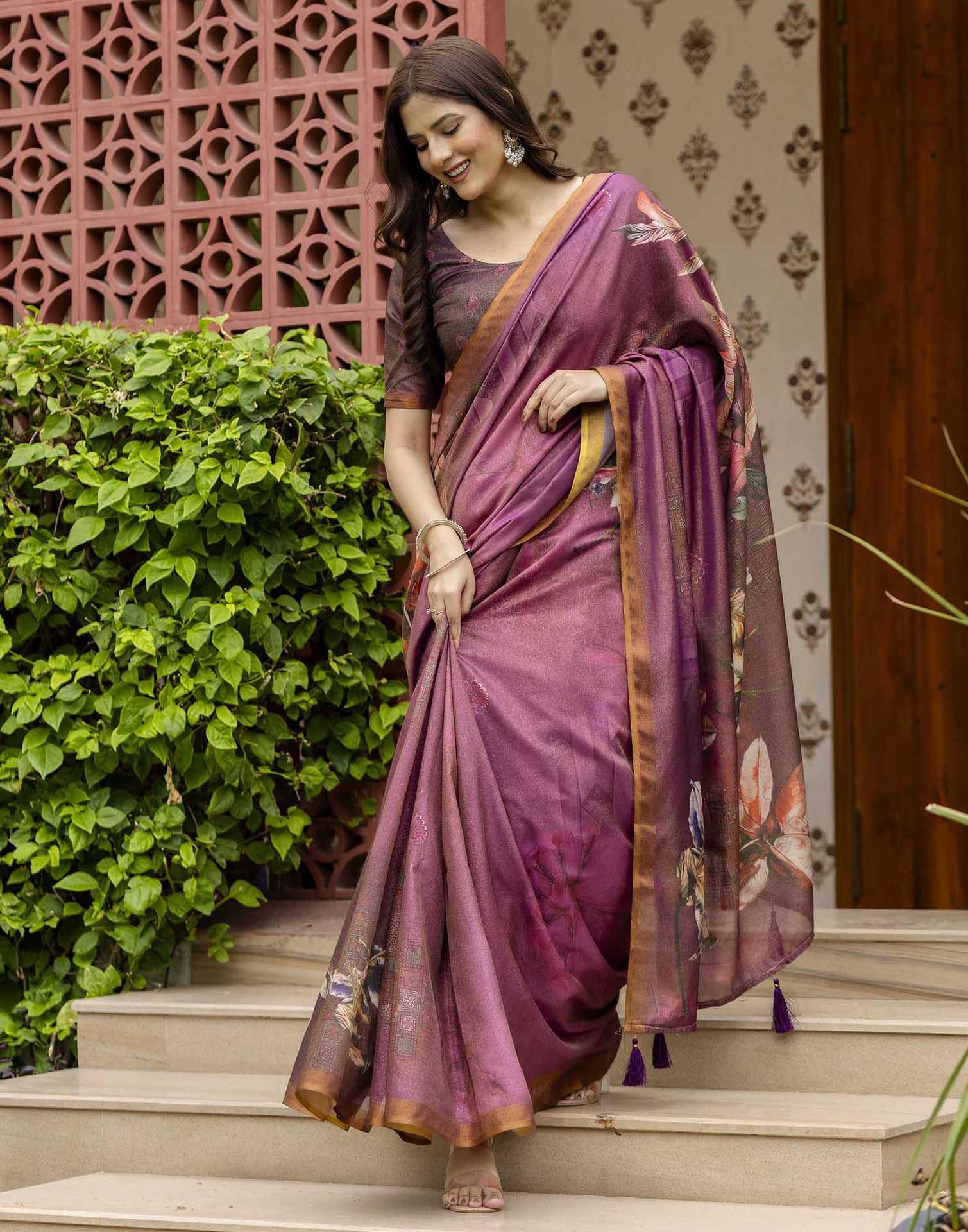 Dusty Wine Shimmer Silk Floral Printed Saree