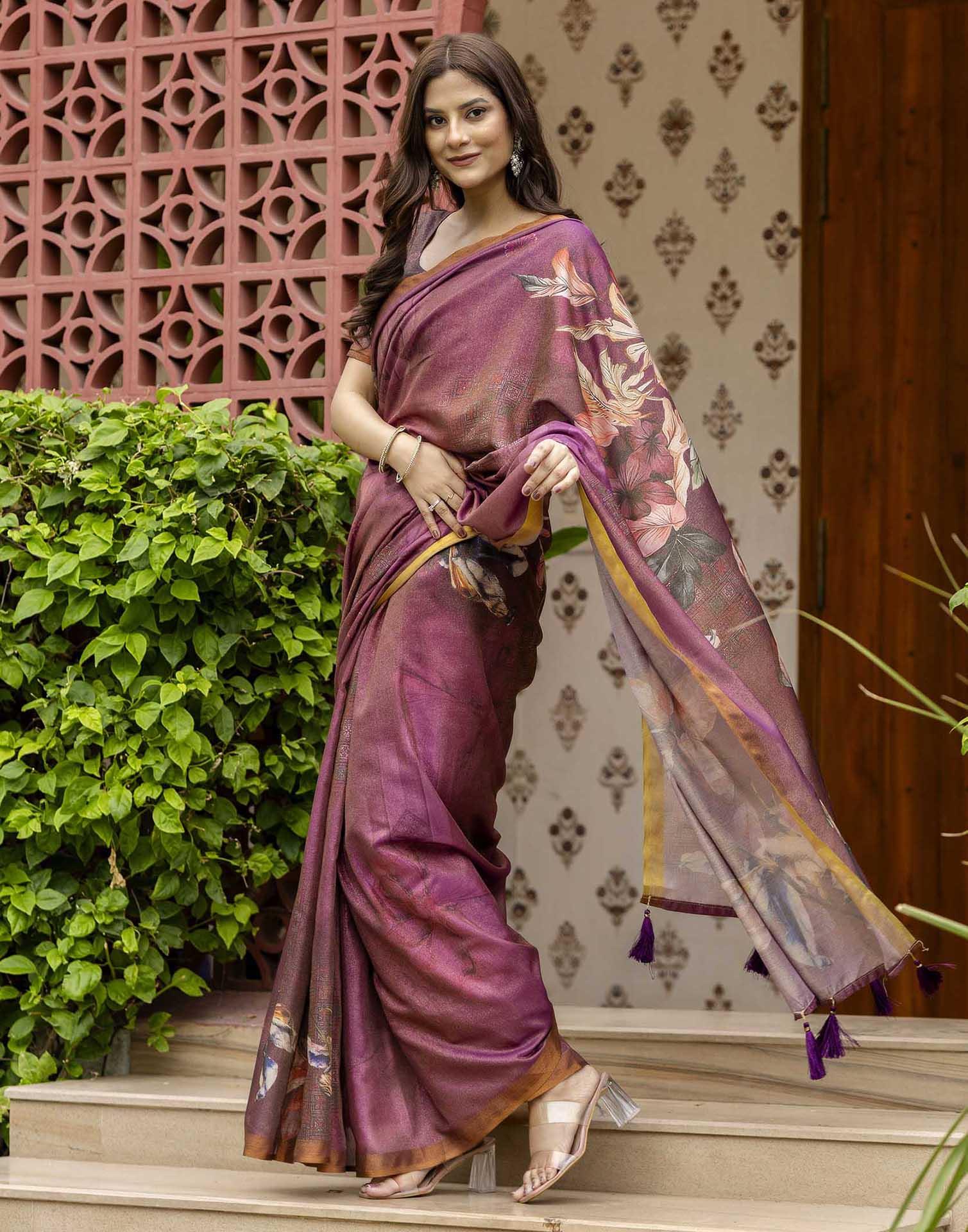Dusty Wine Shimmer Silk Floral Printed Saree